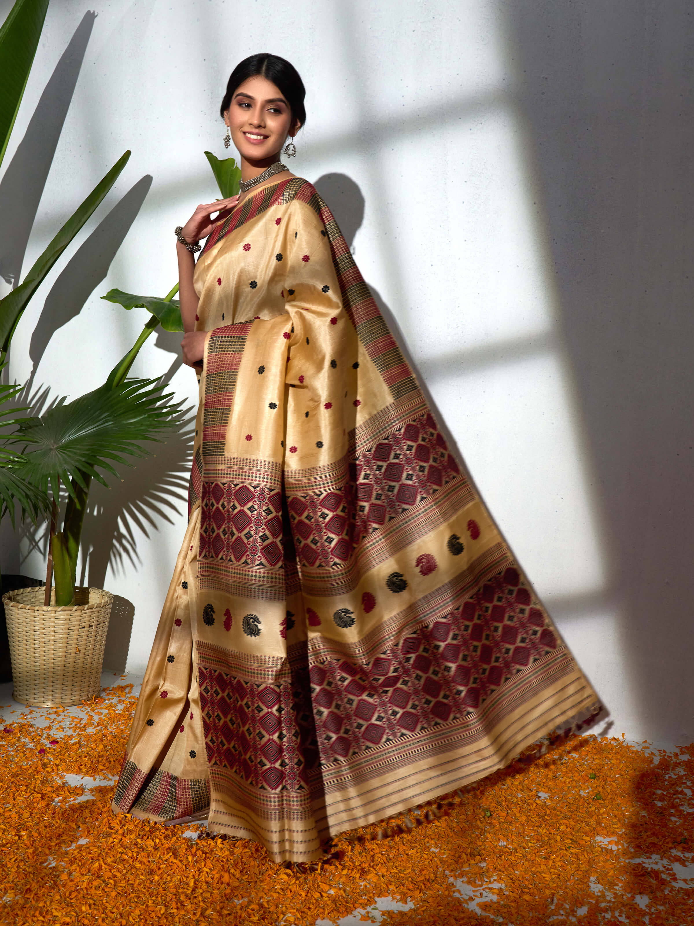 Beige Tussar Silk Saree