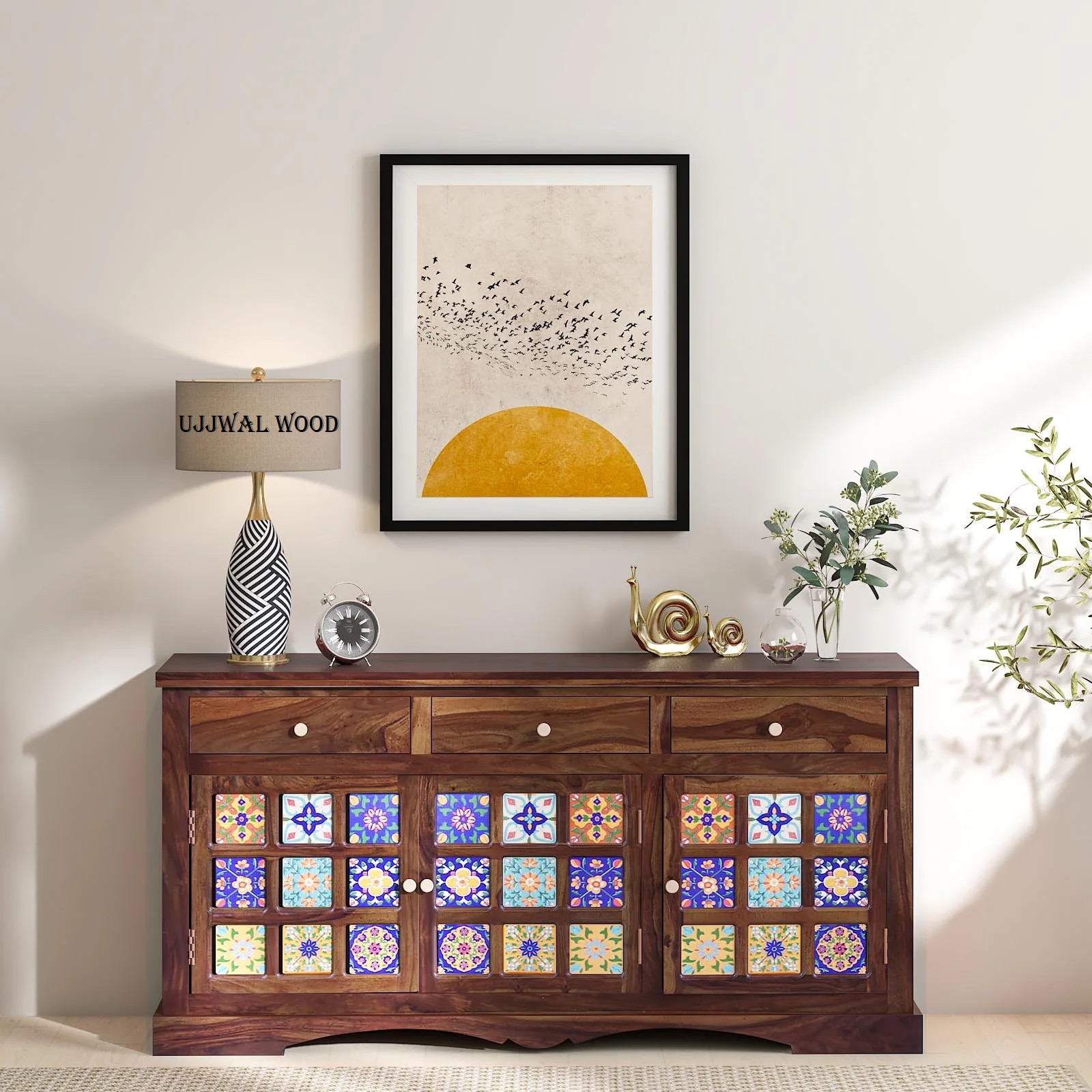 Sheesham Wood Sideboard In Rustic Teak Finish - Ujjwal Wood