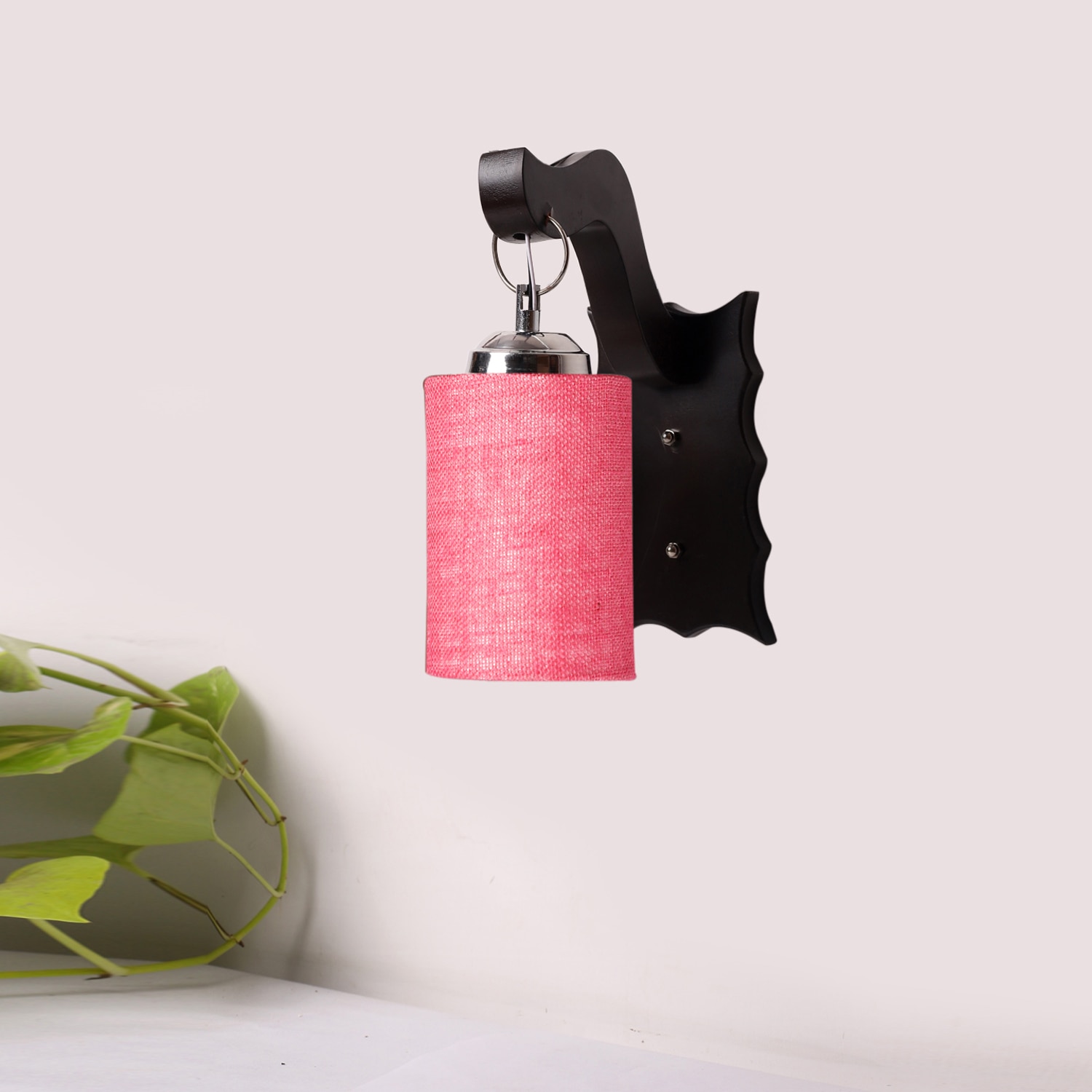 Devansh Solid Wood Electric Wall Light in Brown Colour with Pink Shade Count of 1 Light - Devansh