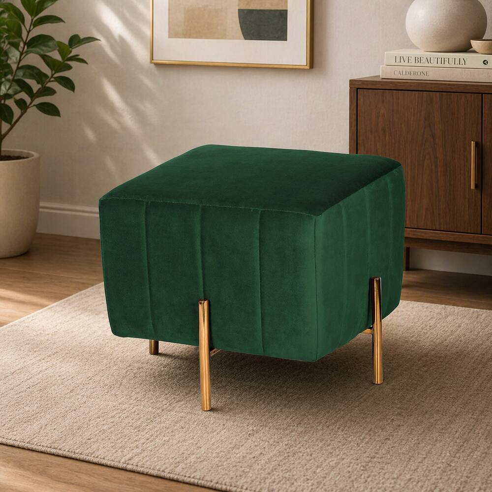 Doe Buck Adirondack Channel Tufted Velvet Ottoman Stool in Green Colour with Gold Legs - Doe Buck