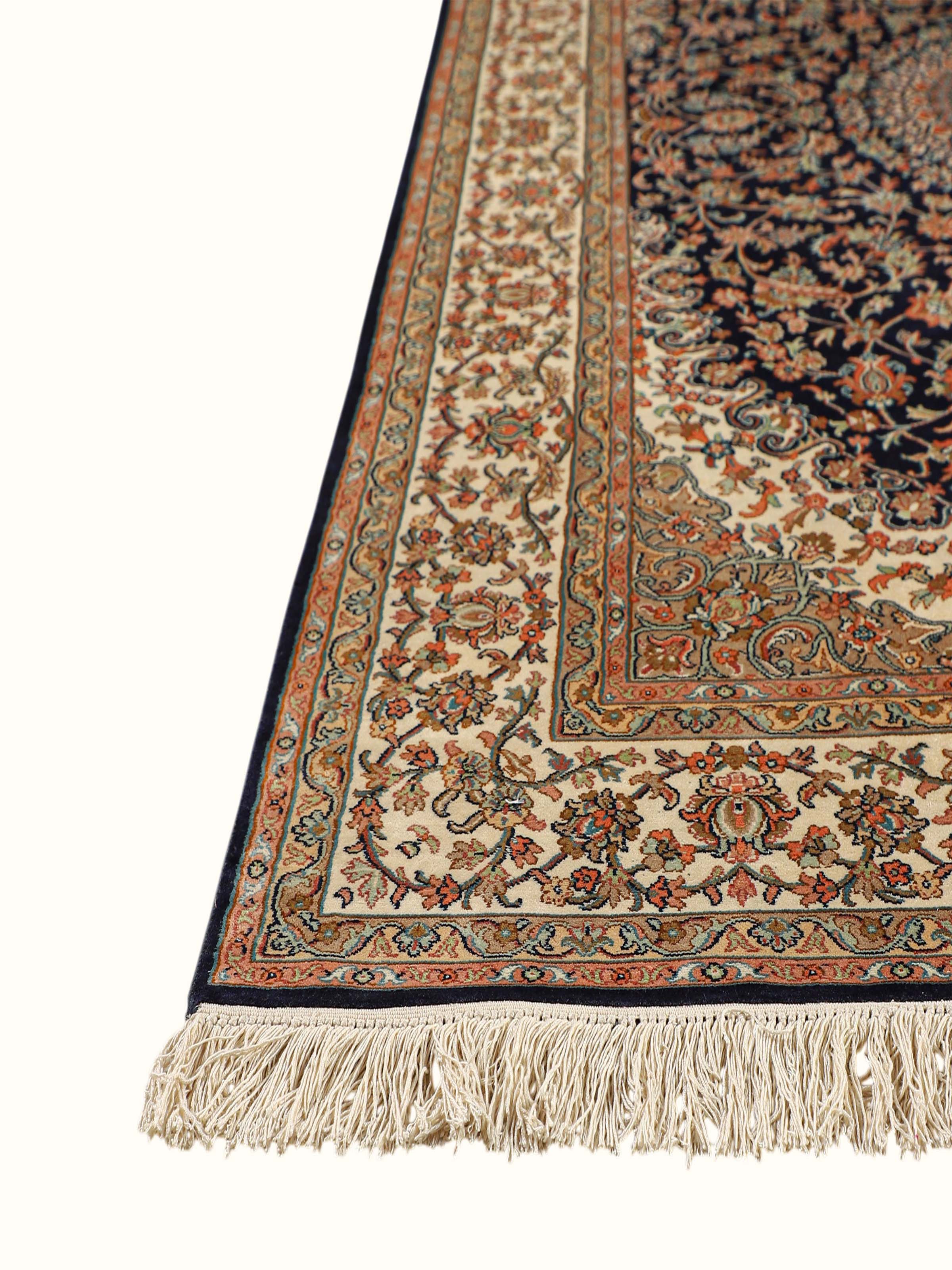 Traditional Persian Navy Ivory Isfahan Kashmir Silk Hand-Knotted Carpet