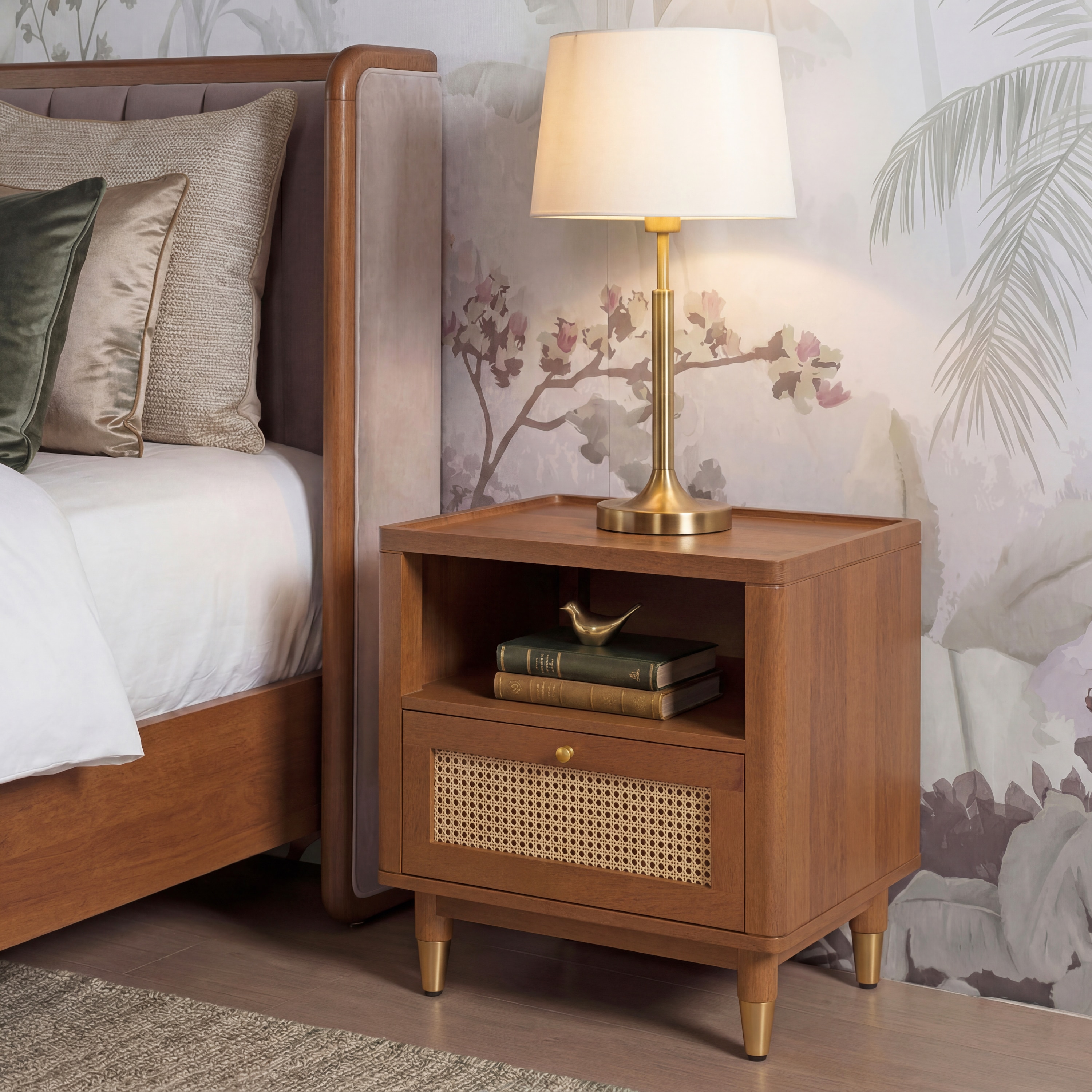 Fiji Solid Wood and Cane Bedside Table in Amber Walnut Finish - Urban Ladder