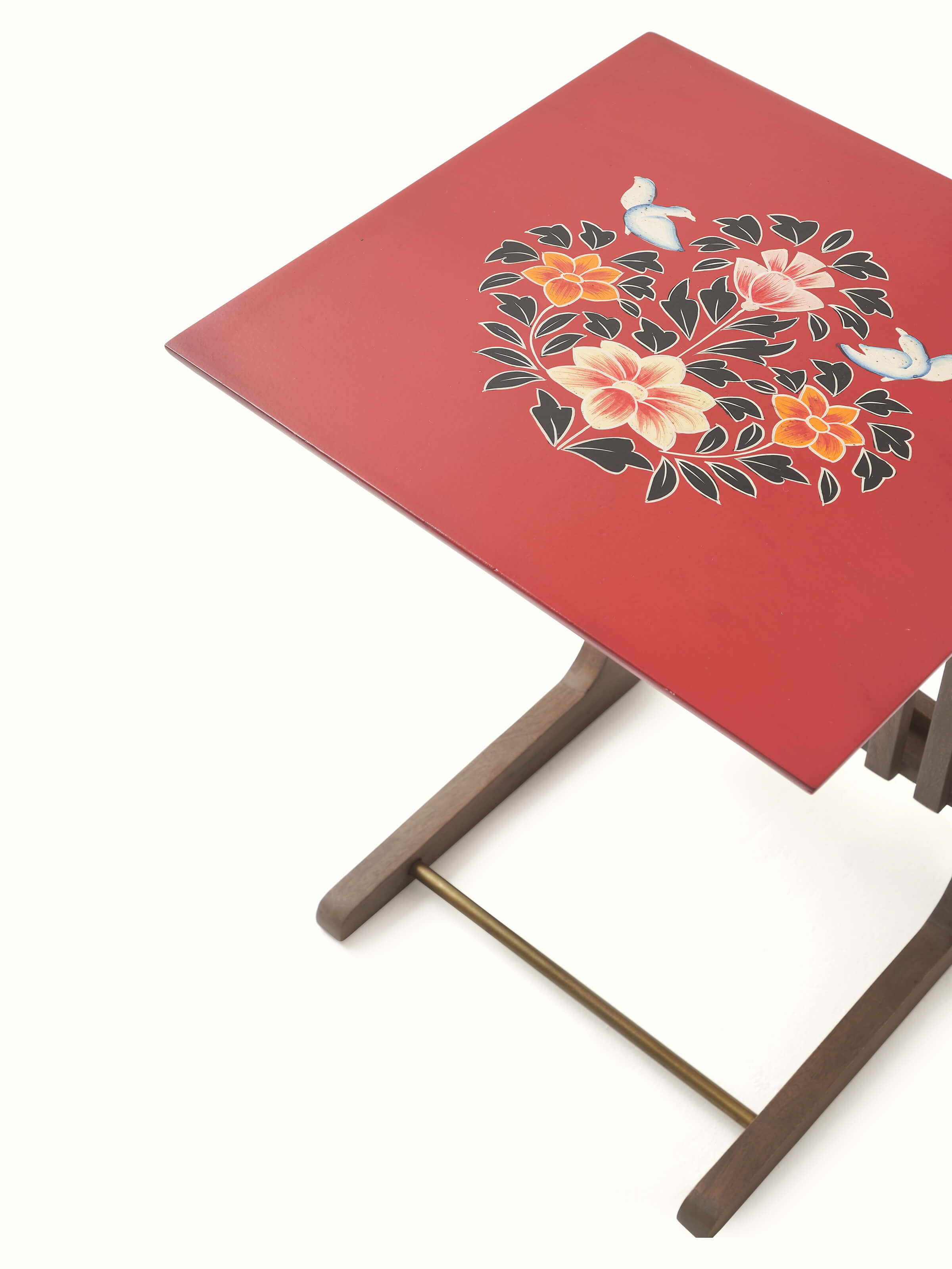 Overall view of the portable table with a shelf and intricate miniature painting on mango wood