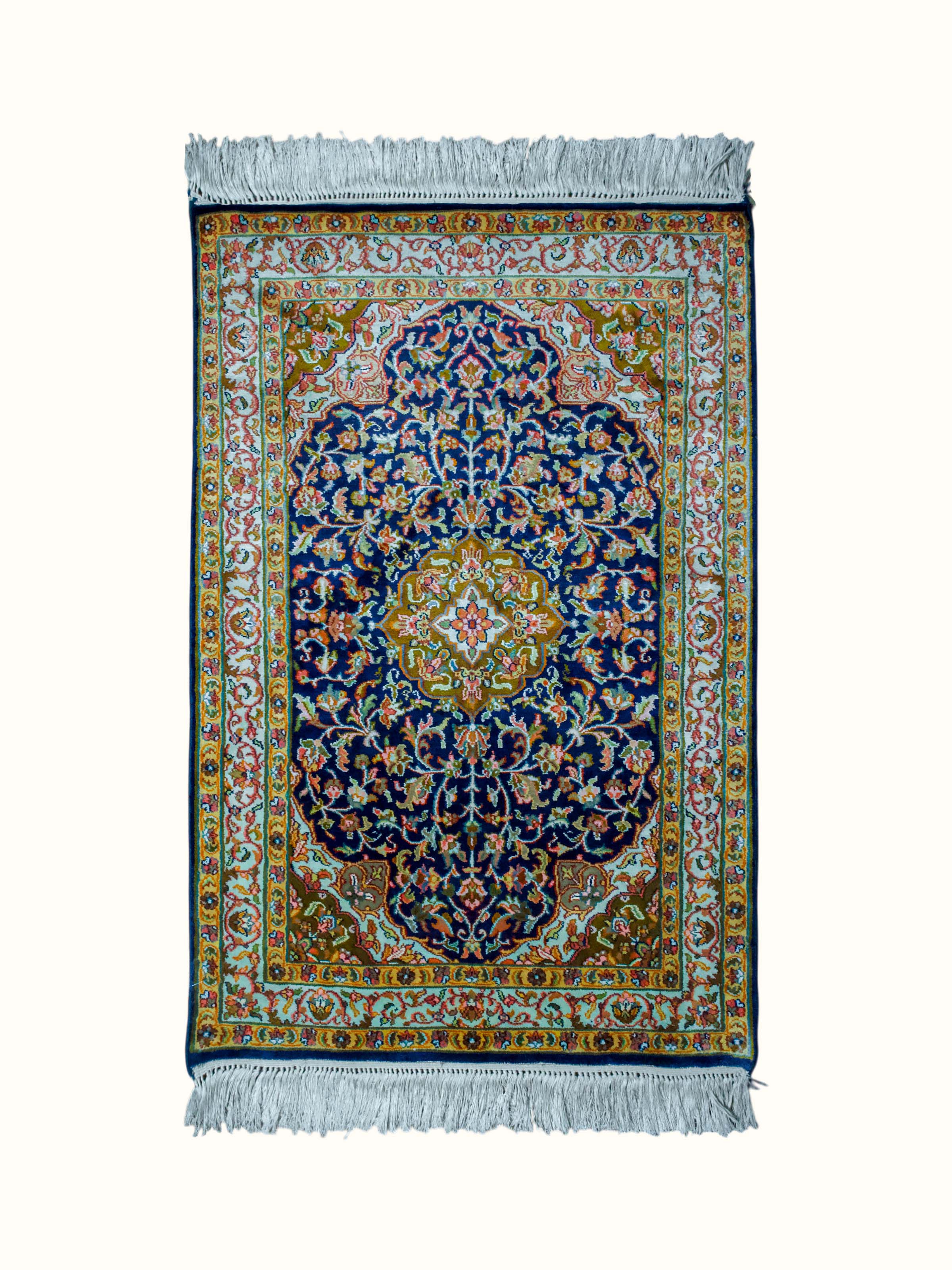 Traditional Persian Turquoise Medallion Kashmir Silk Hand-Knotted