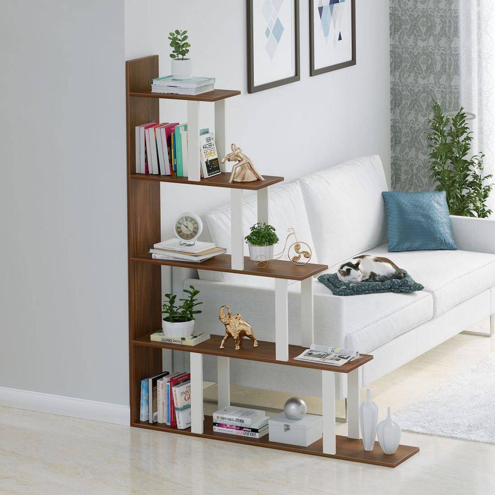 Wolabey Engineered Wood Ladder Style Bookshelf in Brown Maple & White