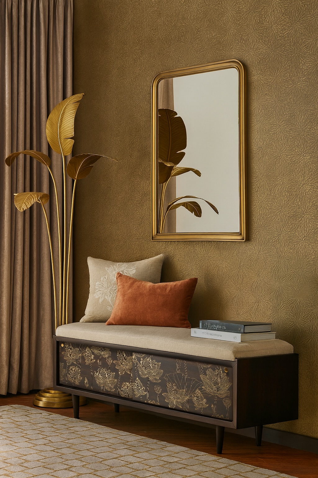 Sheesham Wood & Brass Tarkashi Bench