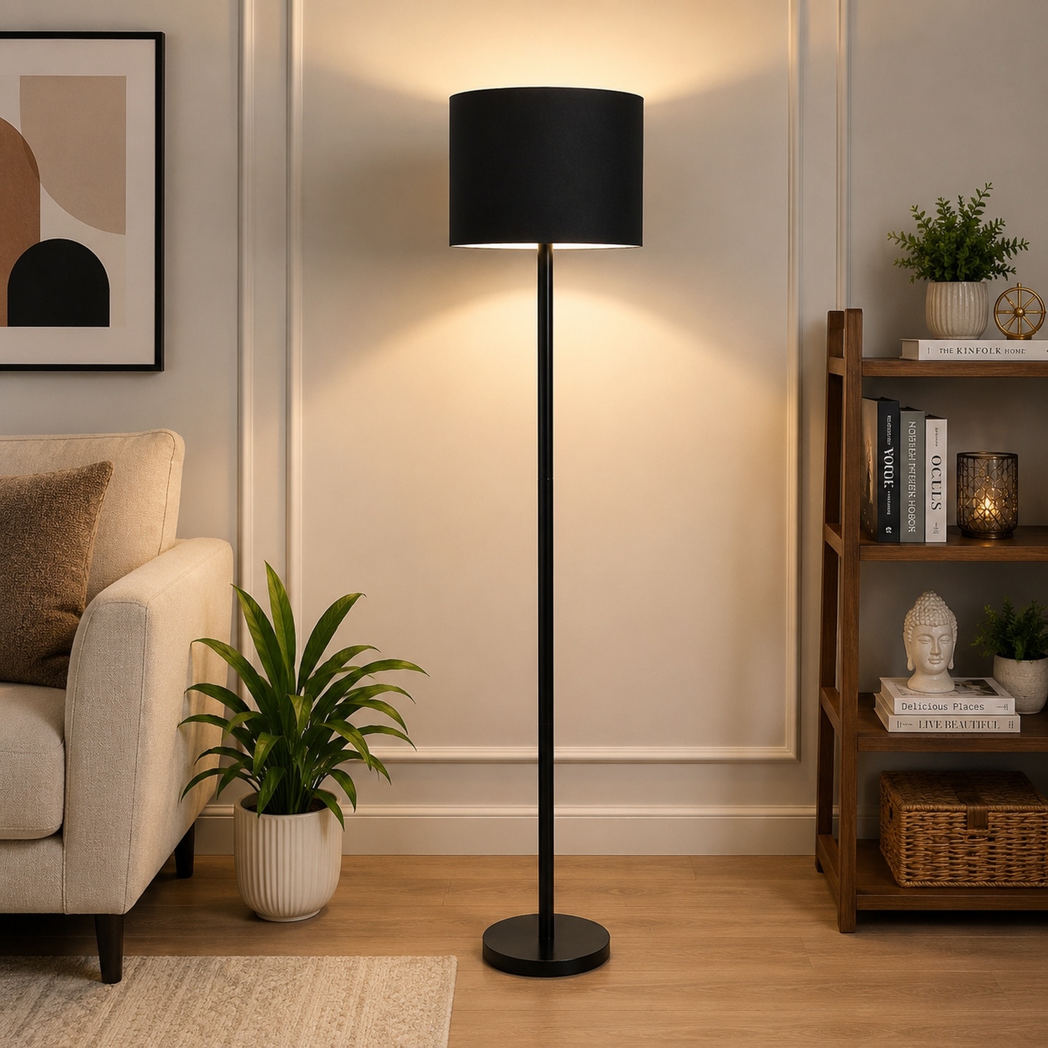 Lazlo Black Cotton Floor Lamp with Solid Wood - Pristine Interiors