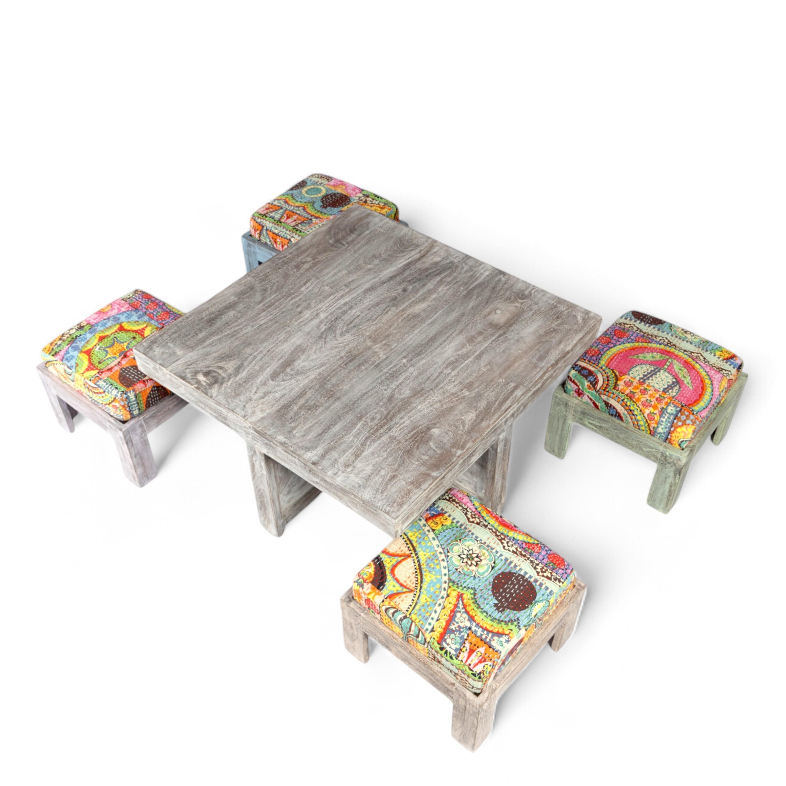 Blane Sheesham Wood Country Side Coffee Table Set With 4 Stools In Antique Multi-Colour Finish