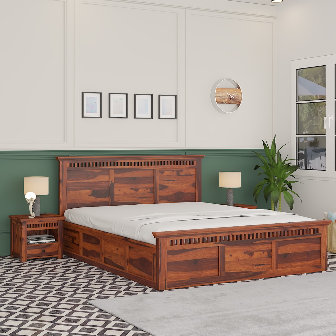 Madhavi Solid Wood King  Size Bed With Hydraulic Storage (Honey Oak Finish) - Woodenmood