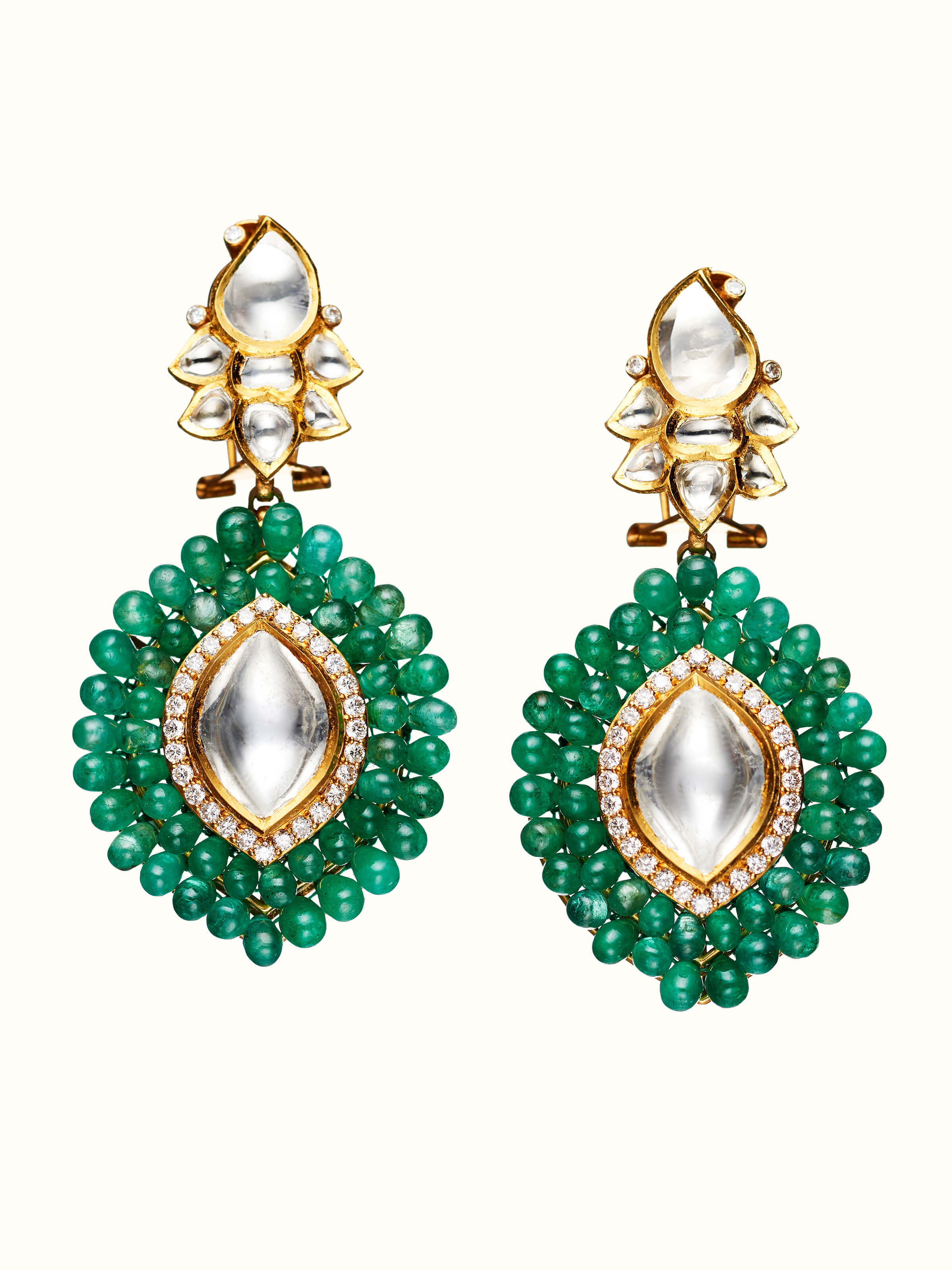 front view of dank polki 14 karat gold drop earrings with traditional stone setting