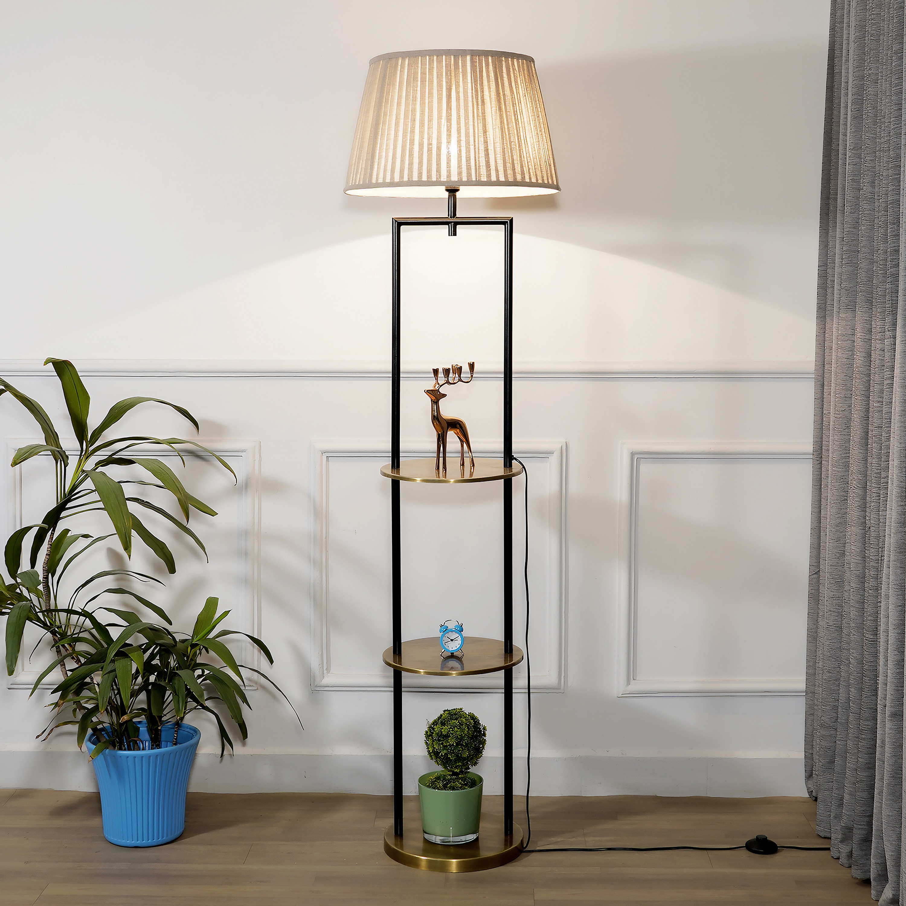 Gallow Metal Multiutility Shelf Floor Lamp With Beige Cotton Shade