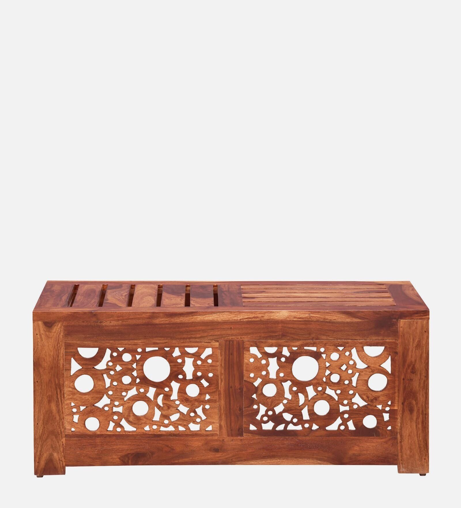 Lifty Sheesham Wood Nesting Coffee Table Set in Rustic  Teak Finish With Cushioned Stools