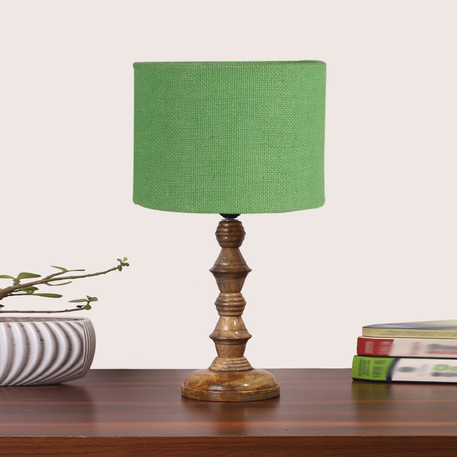 Devansh Green Jute  Table Lamp With  Wood Natural Base (7X7X15.5 Inches)-17 - Devansh