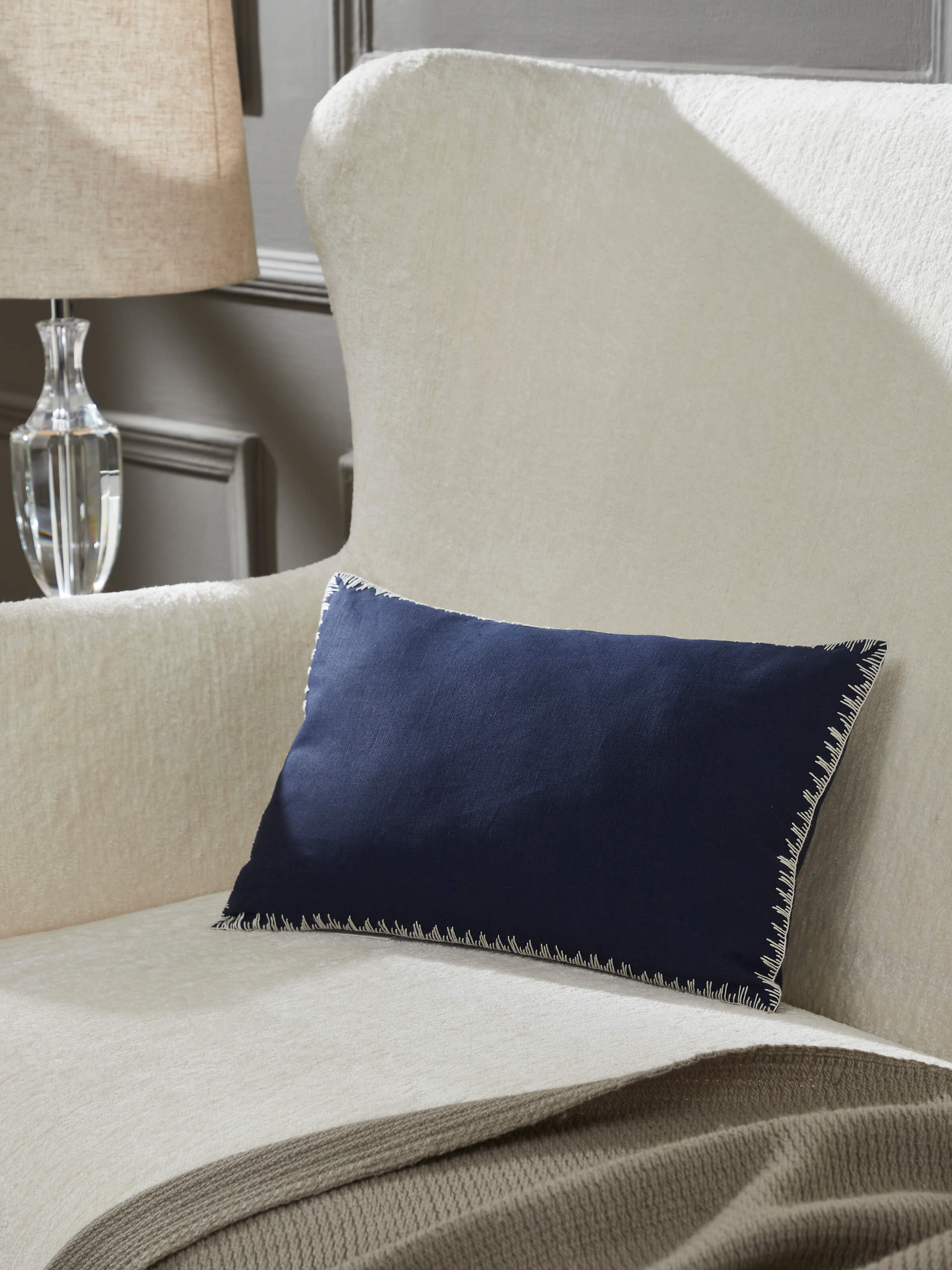 Parvat Indigo Edge Stitch Linen Cotton Hand Embroidered Cushion Cover