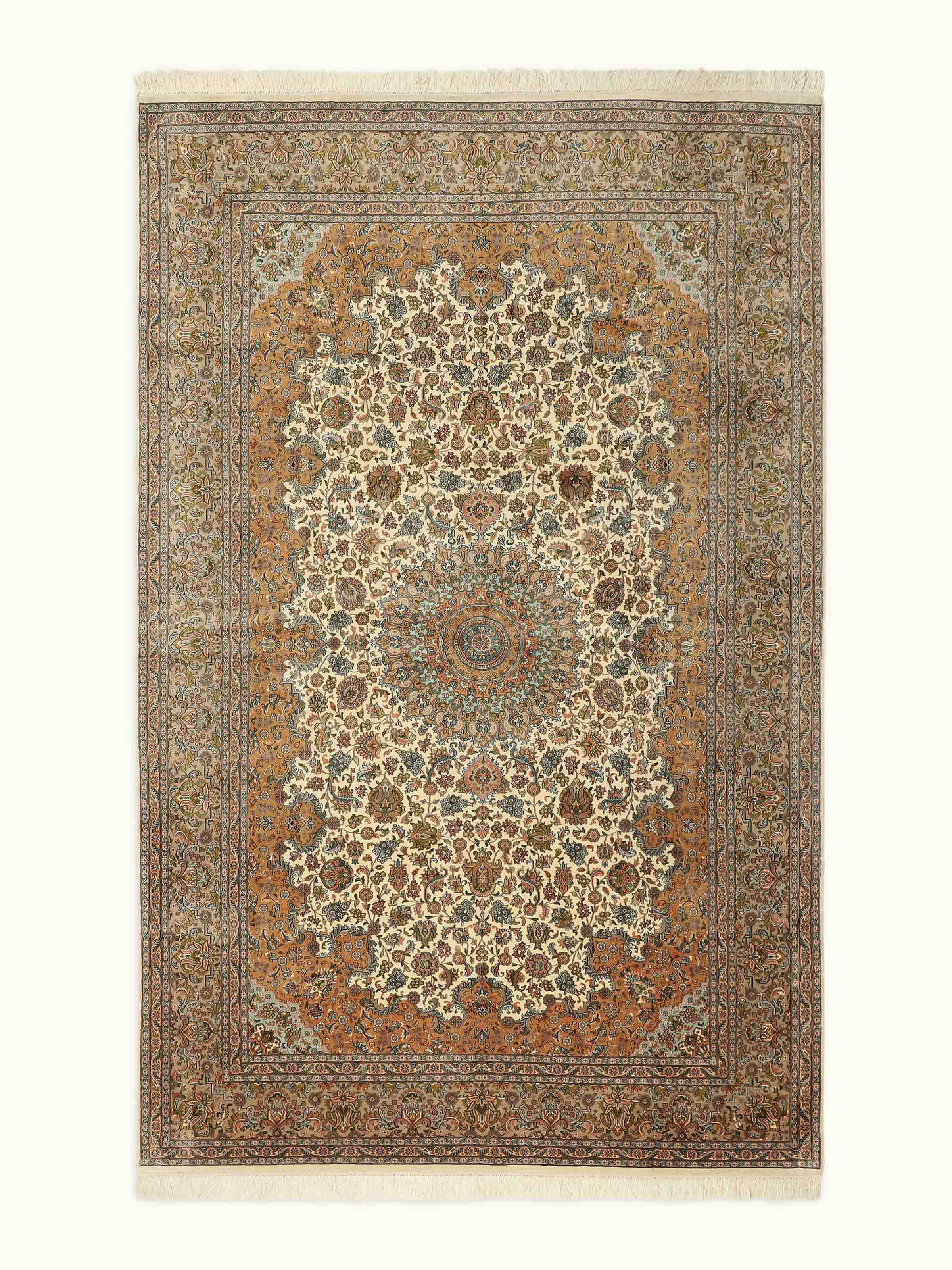 Traditional Persian Ivory Kerman Kashmir Silk Hand-knotted Rug