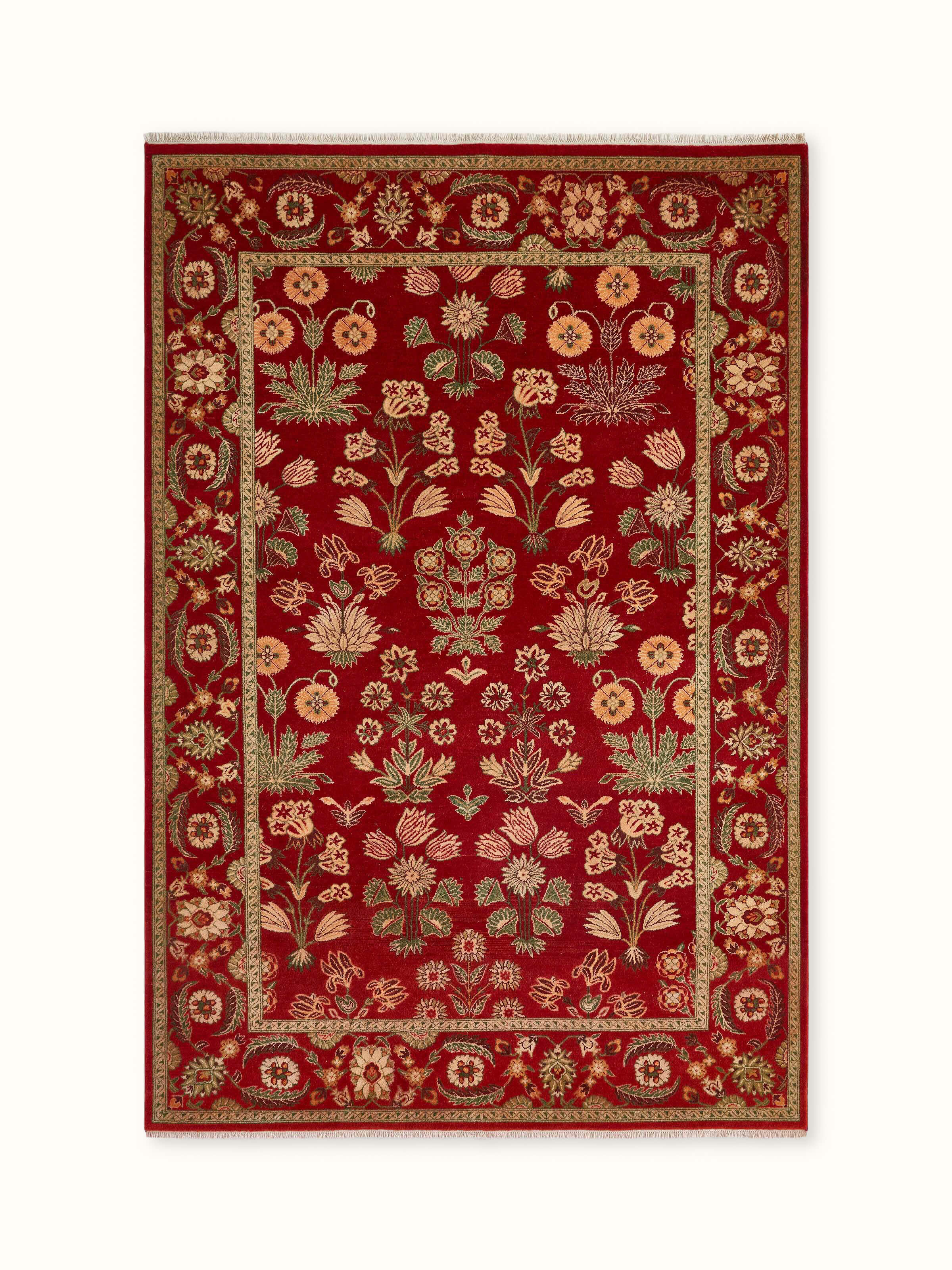 Front view of Traditional Mughal Floral Red Agra Wool Hand-knotted Carpet by Swadesh