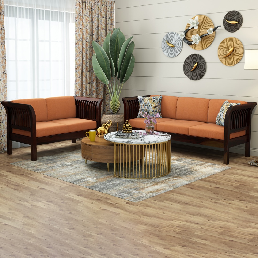 Haveli 3+2 Seater Wooden Sofa (Orange Colour, Walnut Finish)