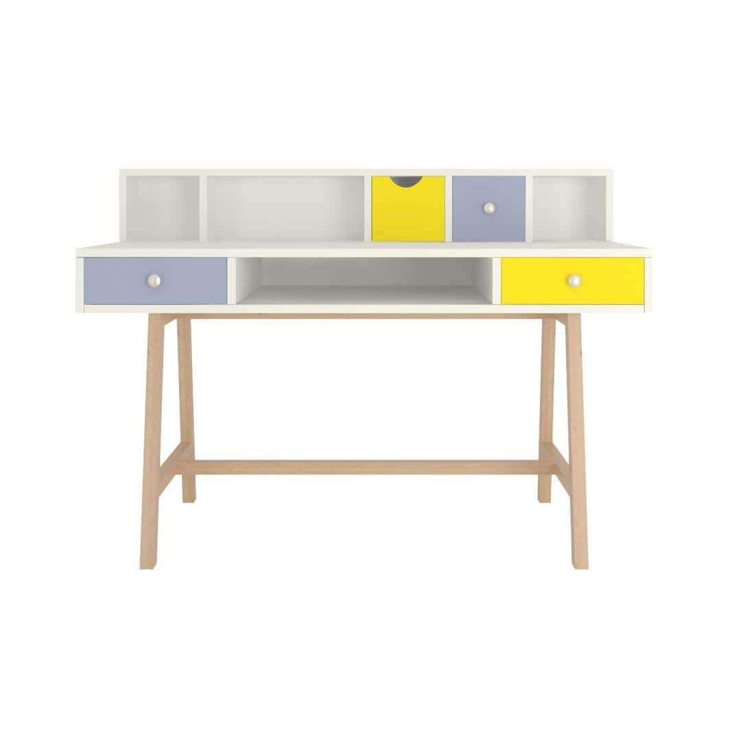 Samara Solid Wood Large 2 Level Study Desk with Drawers Shelves and Tapered Frame in Davy Grey Sunshine Yellow Colour