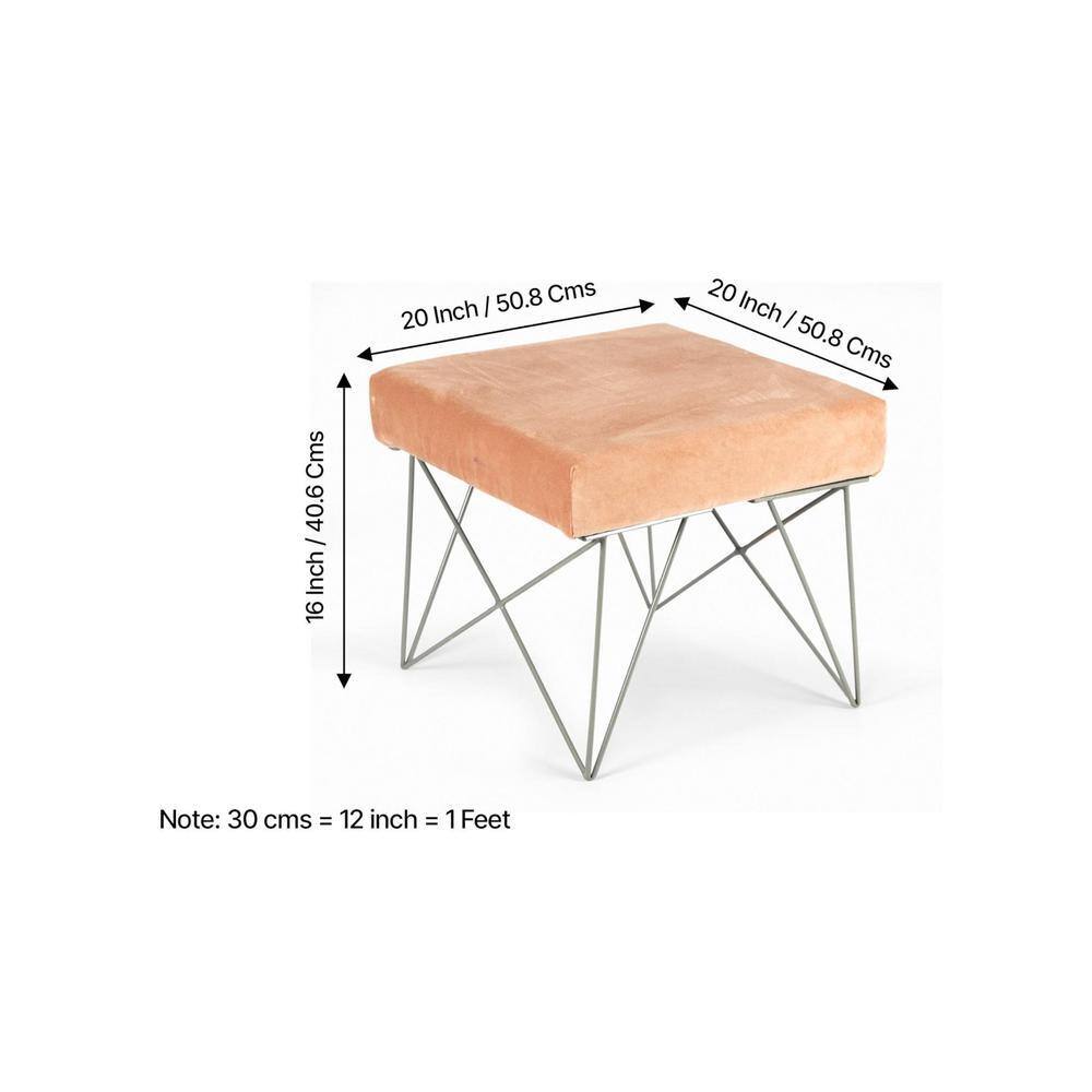 Asansol Sheesham Wood Accent Square Stool     in Melon Pink Cotton Velvet Upholstery