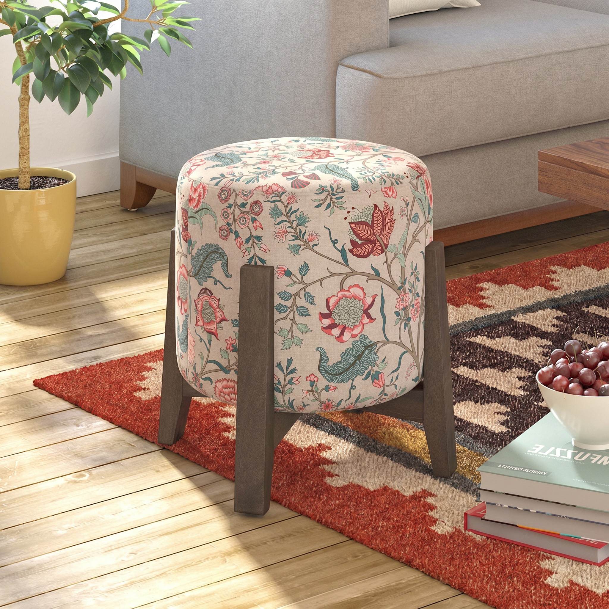 Nicole Stool In Danish Walnut Finish With Calico Print Colour