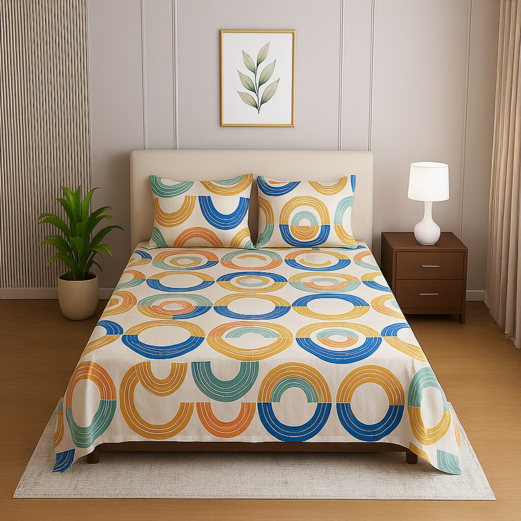 Multicolor Geometric 210 TC Mix Cotton Flat Single Bed Size Bedsheet With 2 Pillow Cover From Threads