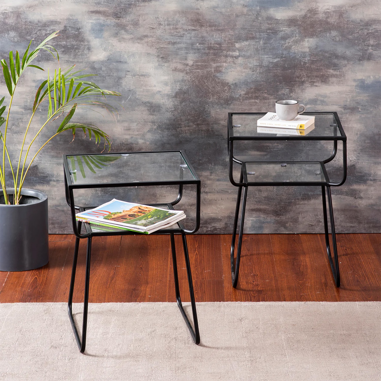 Contemporary Metallic tiered End Table in Black Color Set of 2 - Nestroots