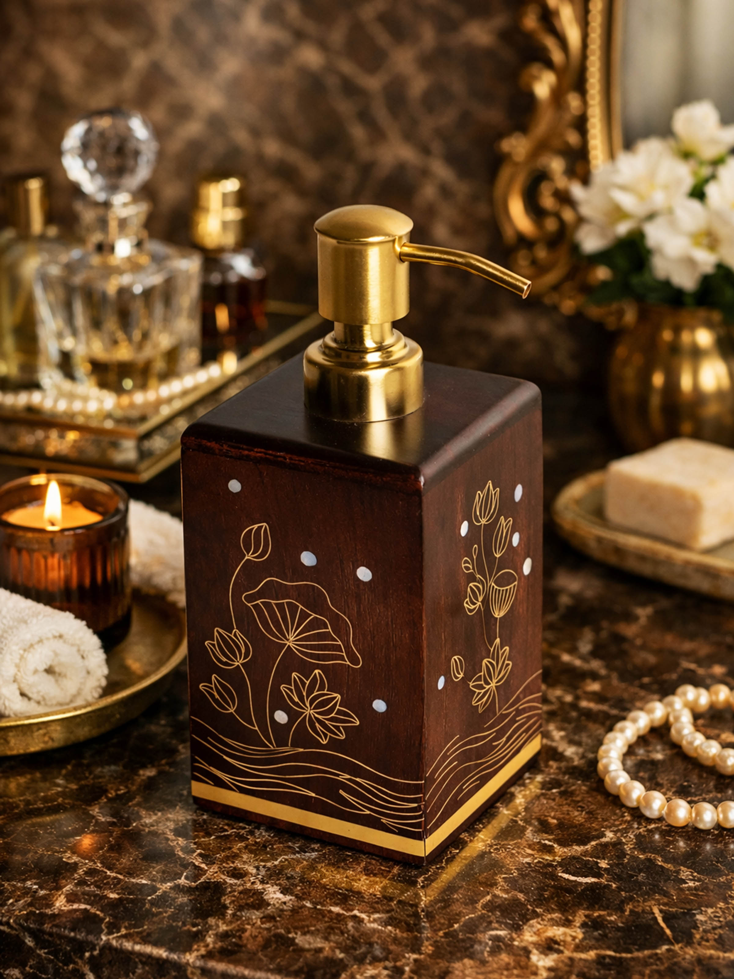 Kamal Tarkashi Teak Wood Soap Dispenser