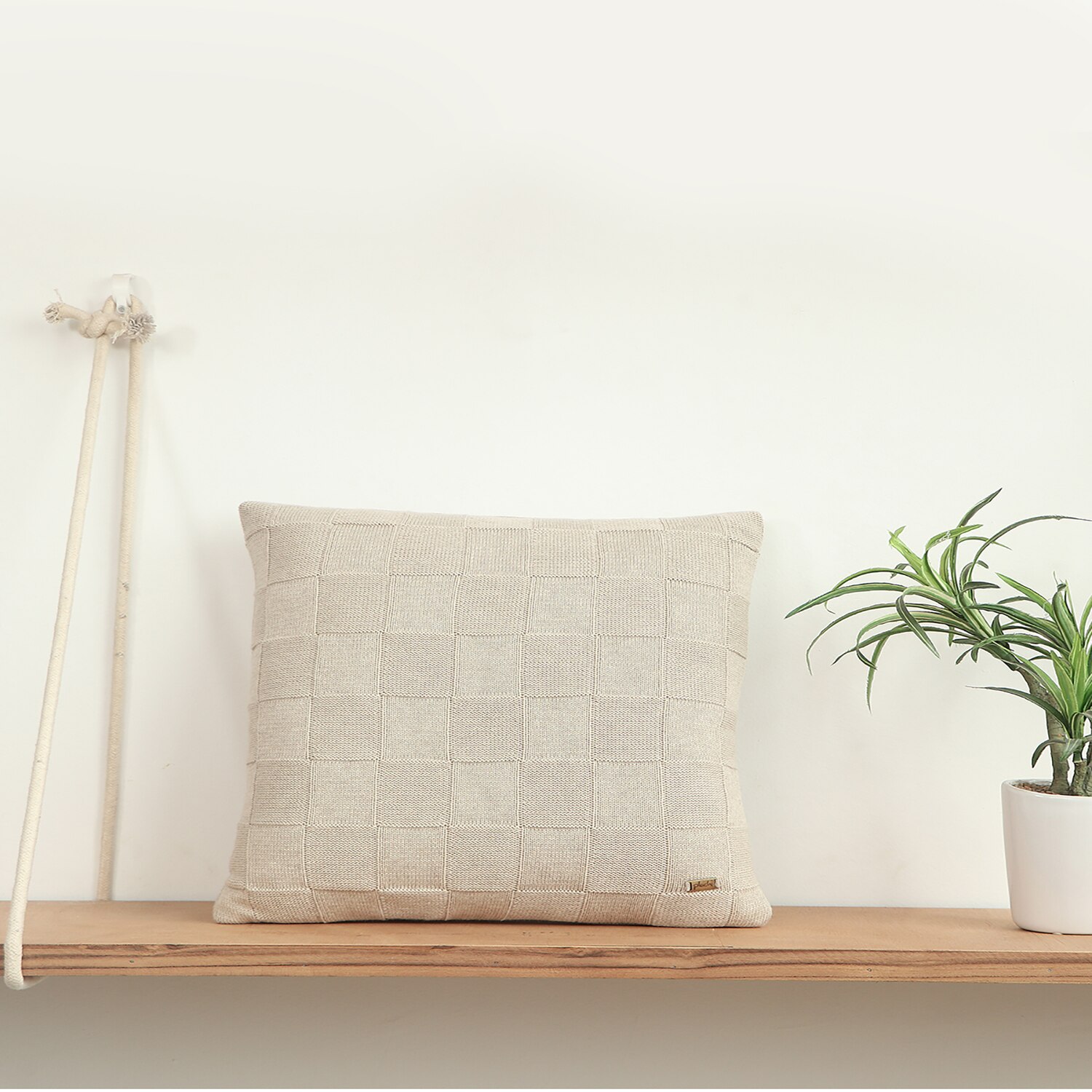 Square Check Beige Knitted Cushion Cover  16X16 Inches