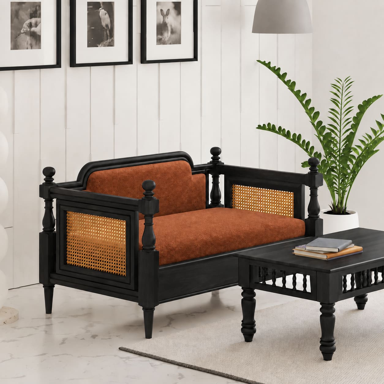 Rattan Solid wood two seater sofa in Black FinishCopper Orange Colour Fabric