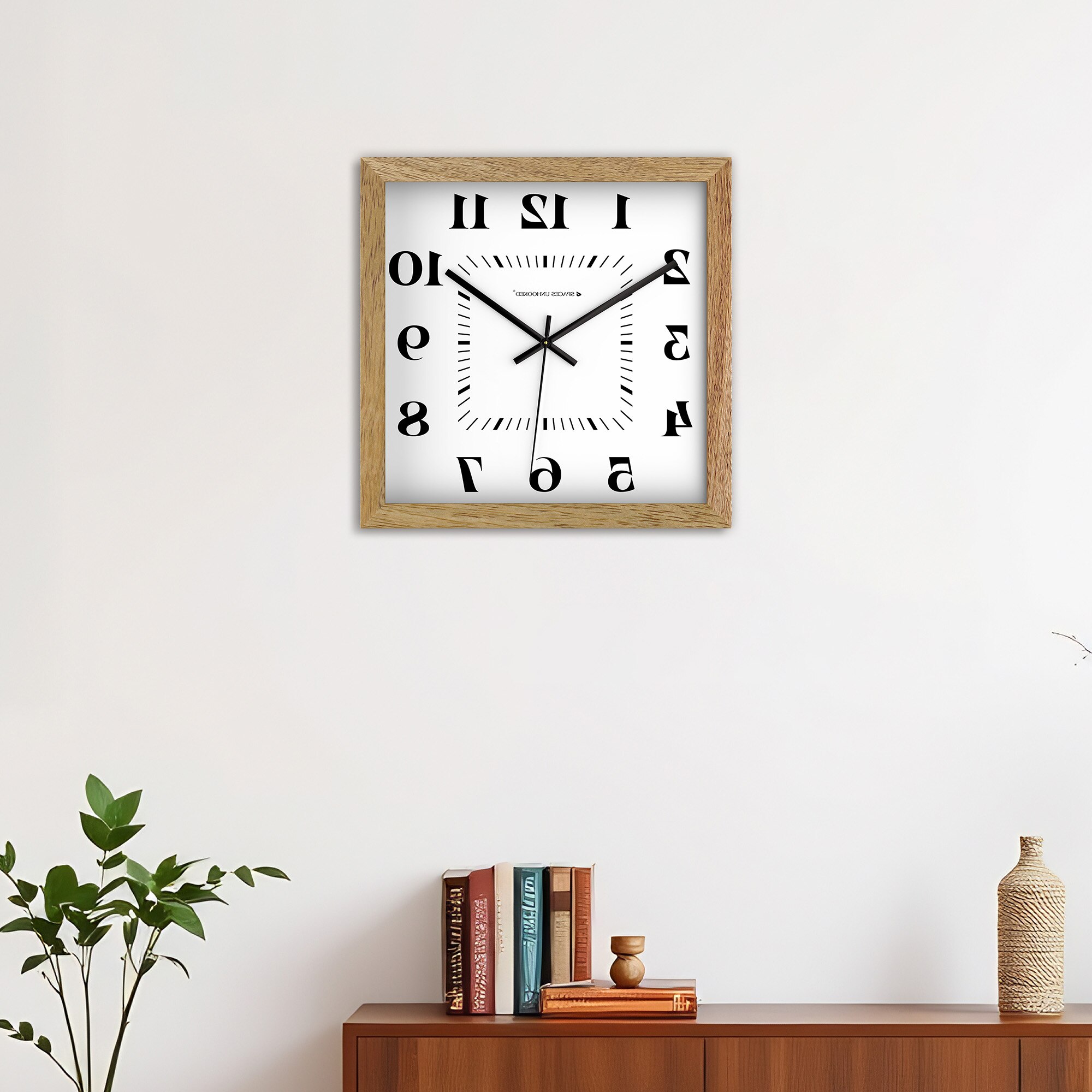 Spaces Unhooked Reversed Numeral Square Wooden Wall Clock, Natural Wood Frame and White Dial