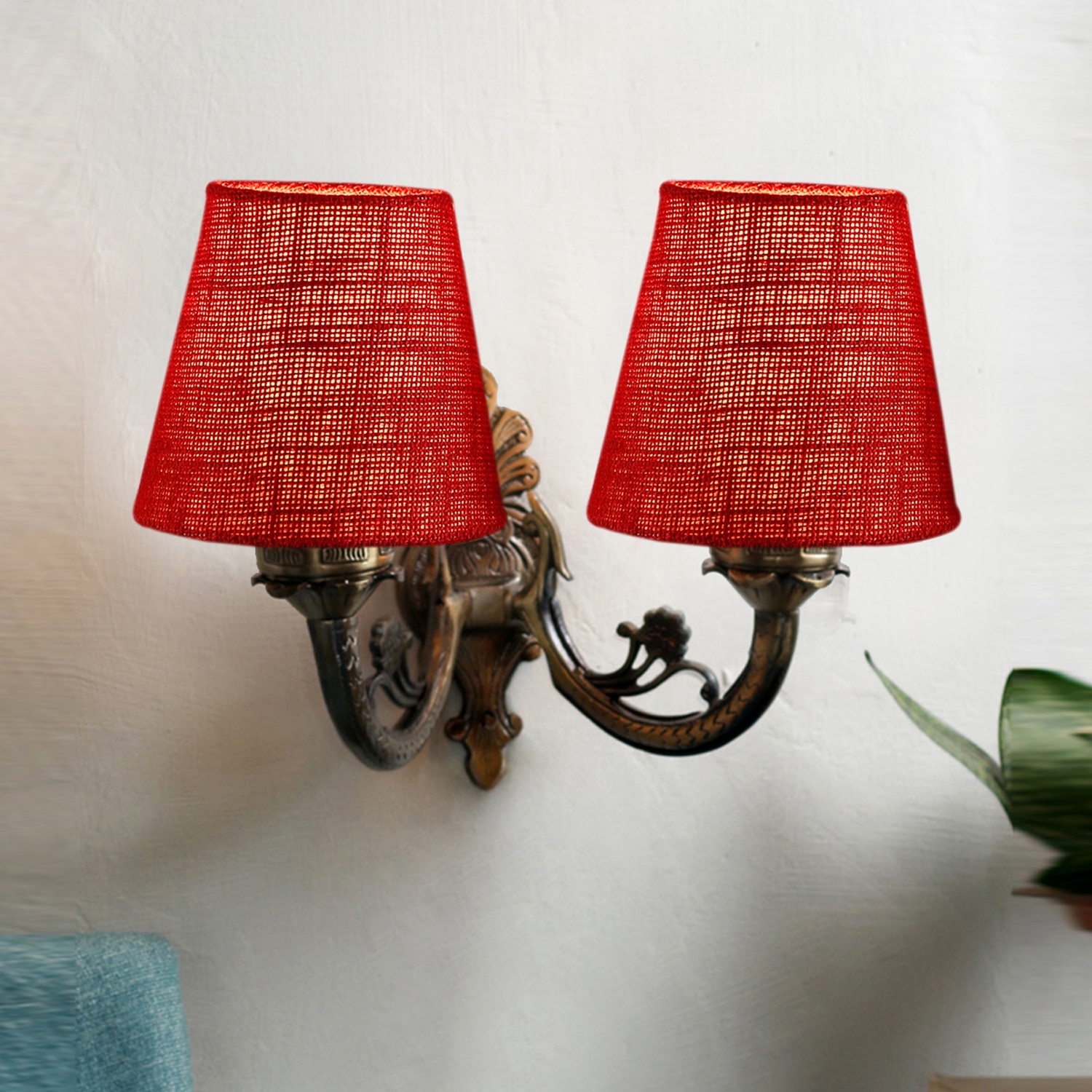 Devansh Metal Electric Wall Light in Antique Gold Colour with Maroon Shade Count of 2 Lights - Devansh