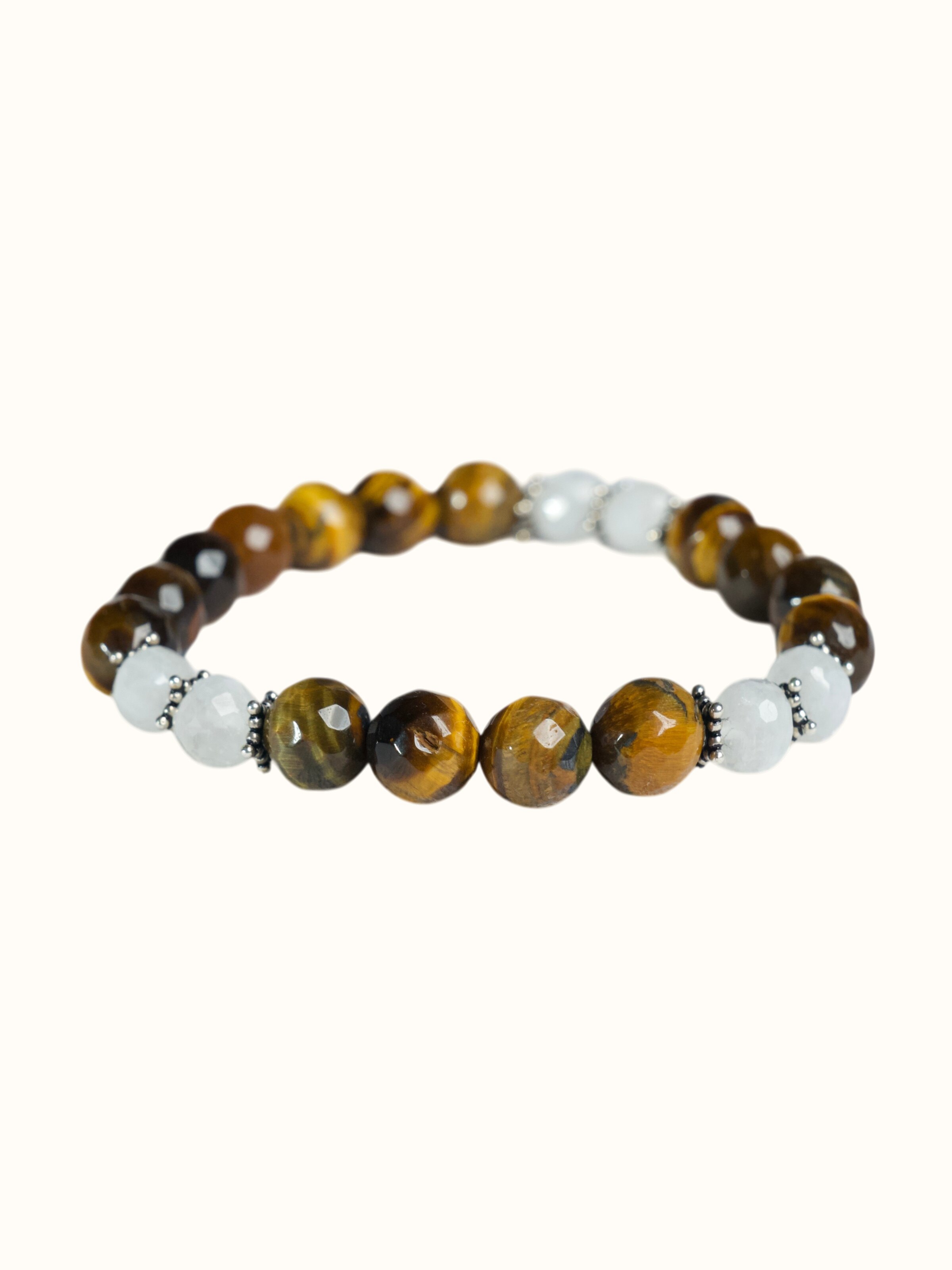 Close-up of the White Moonstone & Tiger Eye Silver Bracelet gemstones