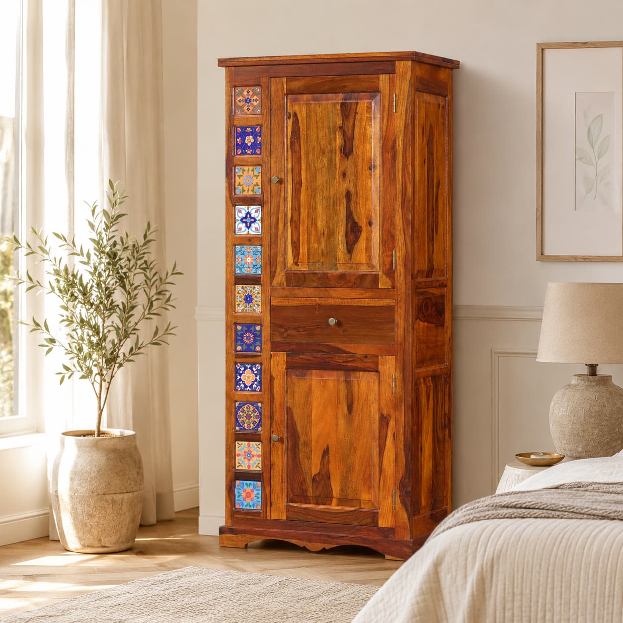 Rangrez Sheesham Wood 1 Door Wardrobe in Honey Oak Finish - Woodenmood