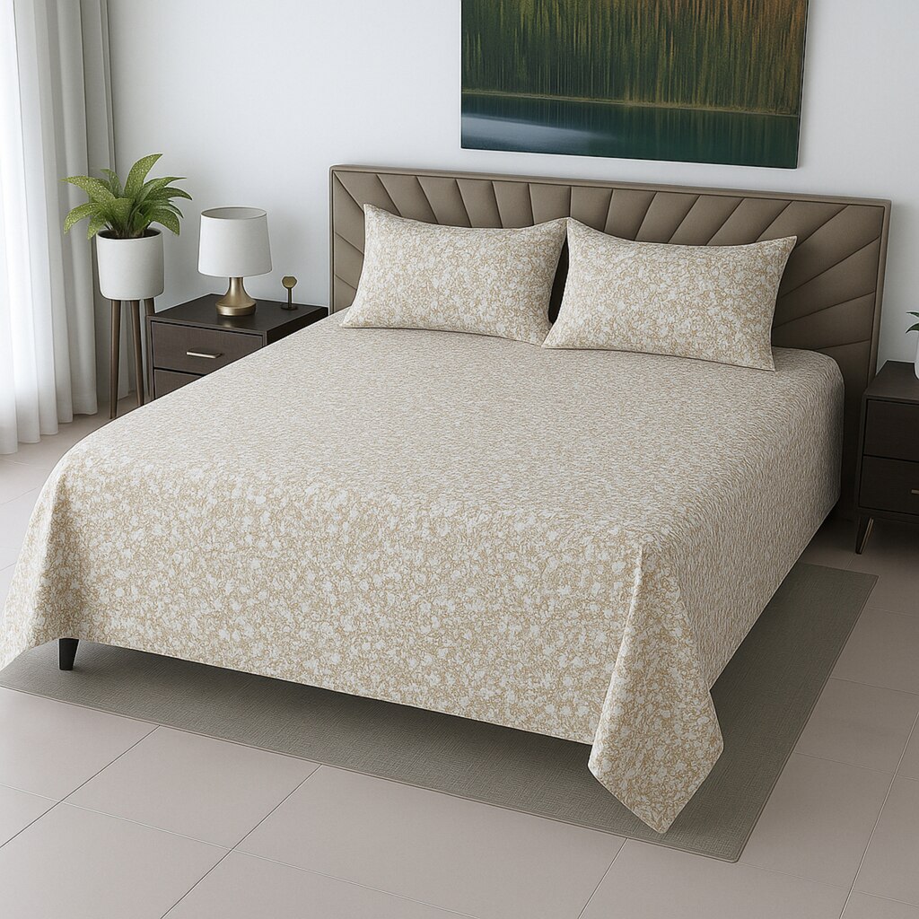 Off White Color Floral 400 TC Cotton Satin Flat Super King Bed Size Bedsheet With 2 Pilllow Covers  Threads