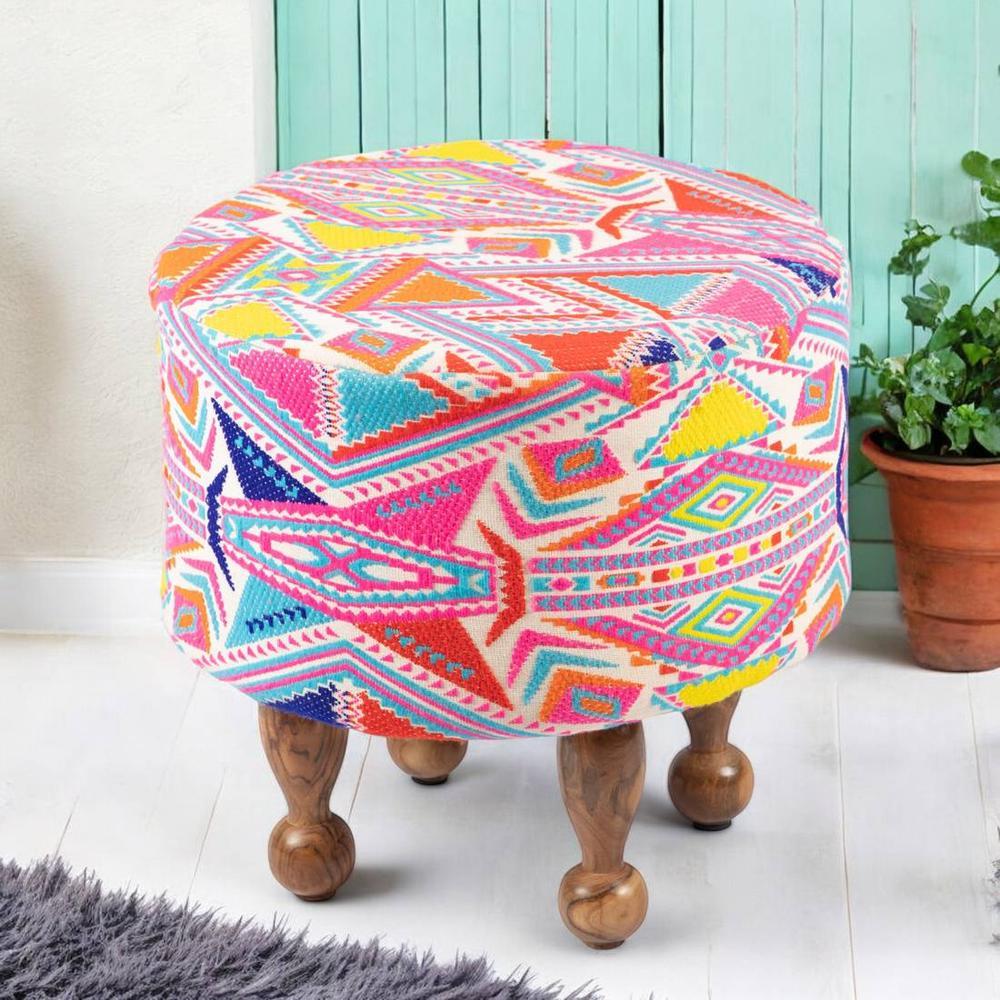 Louisville Acacia Wood Parisian Round Pouffe in Multicolour Jacquard