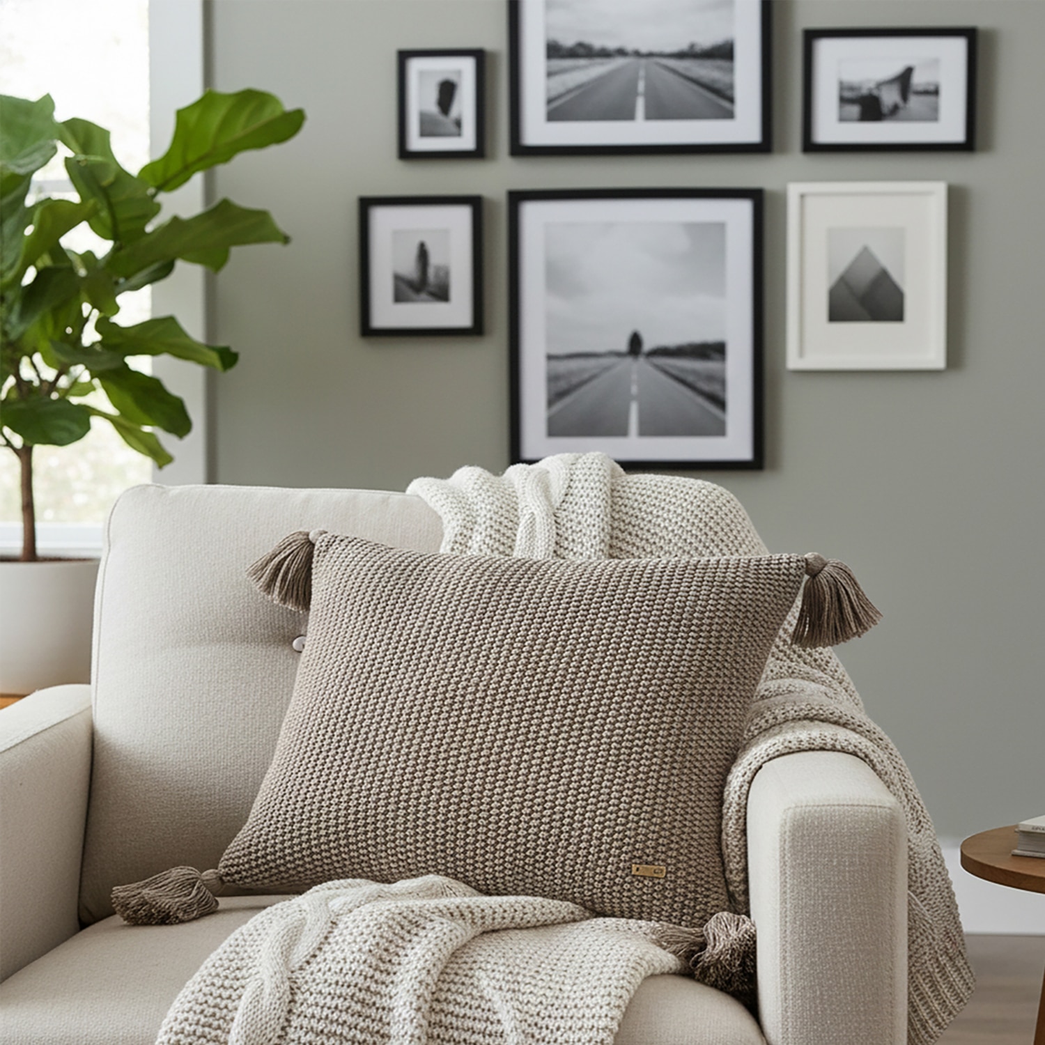 Moss Knit Brown Melange Cotton Cushion Cover 16X16  Inches - Pluchi