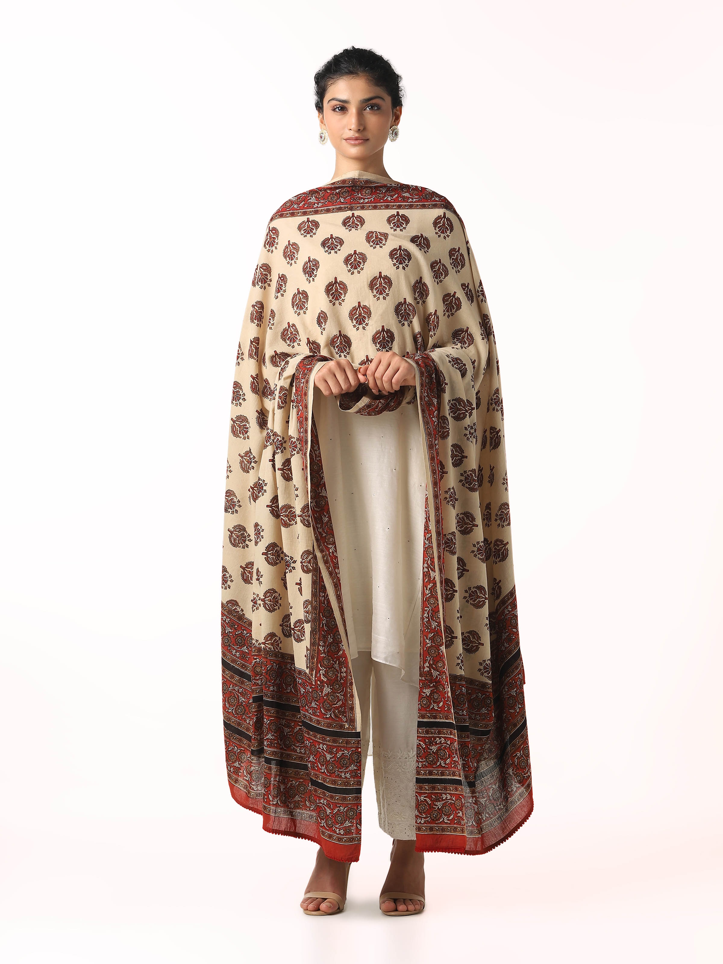 Beige Cotton Bagru Block Printed Dupatta