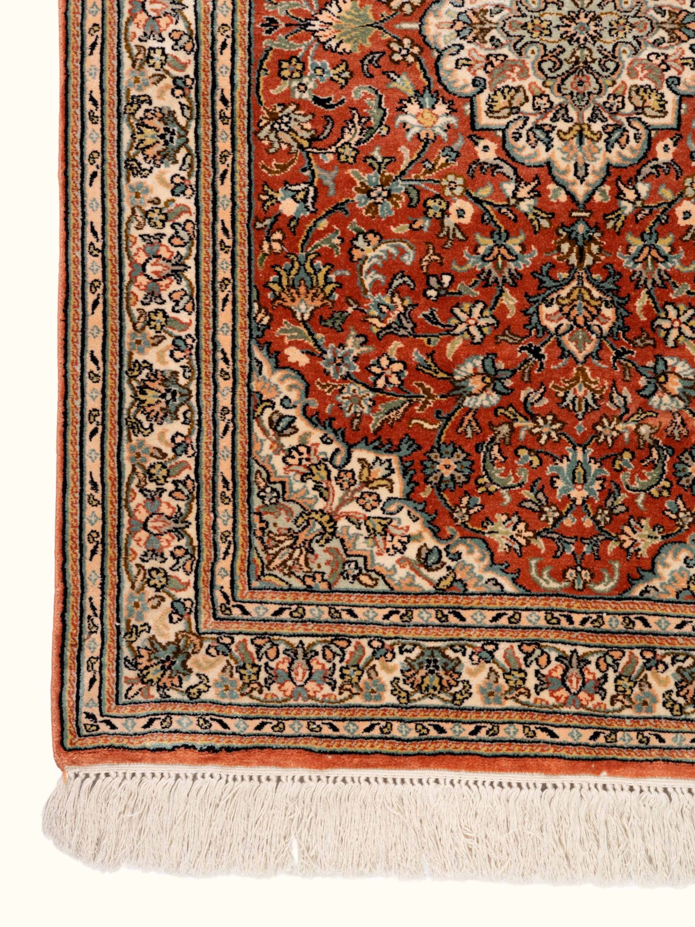 Traditional Kashan Kashmir Silk Hand-Knotted Carpet