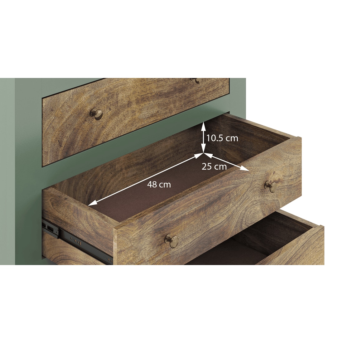 Avelin Chest of Drawer-Finish- Sage green with Burnt mango - Metal Channel