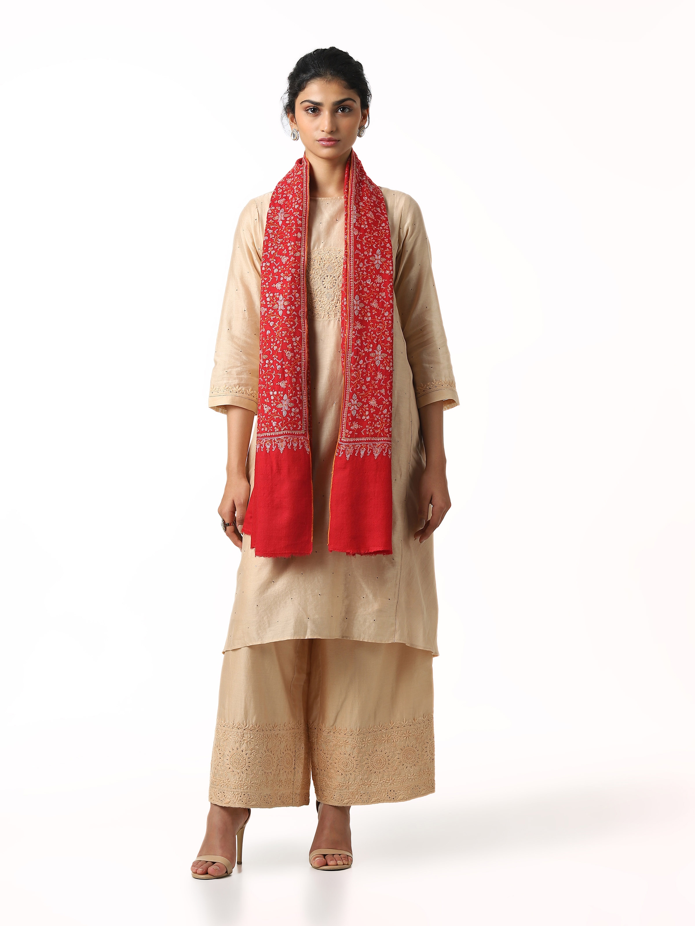 Front view of cashmere sozni embroidered shawl with intricate threadwork