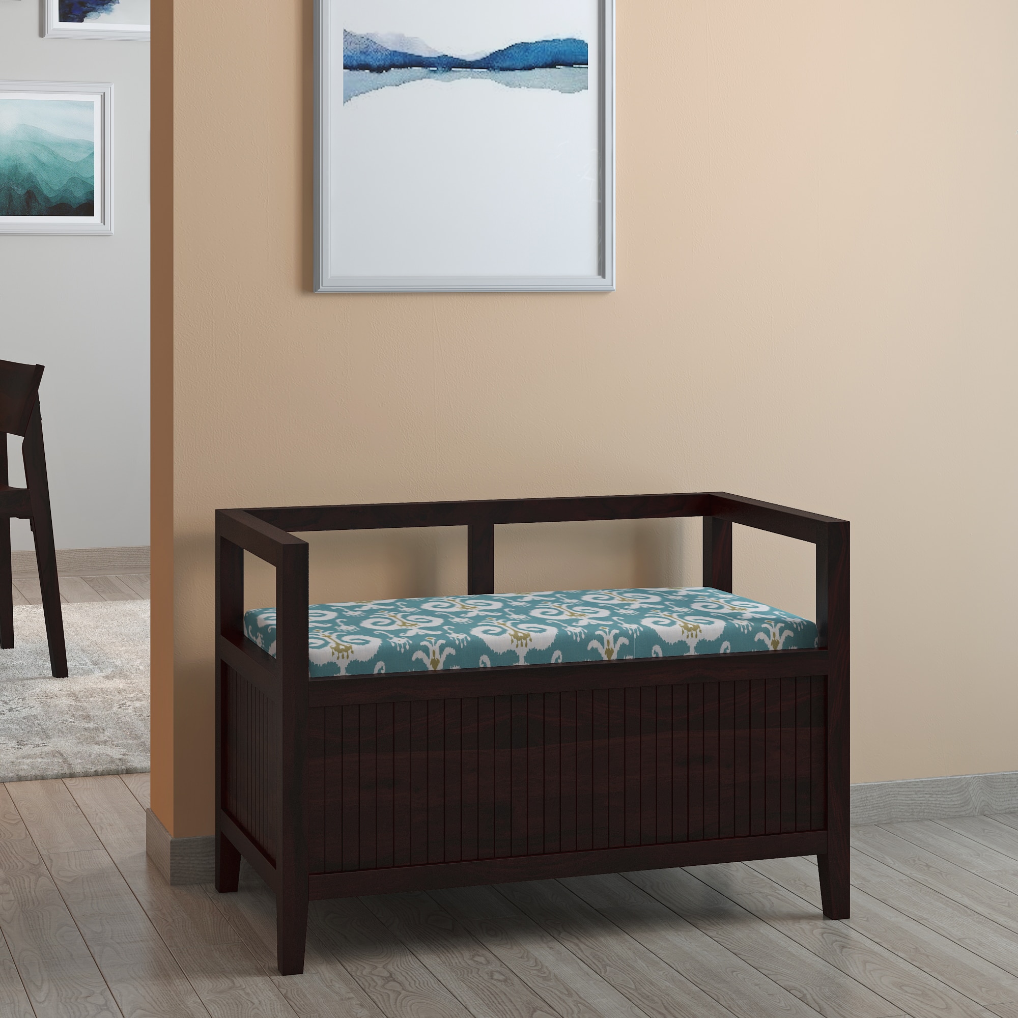 Rhodes Solid Wood Bench in Mango Mahogany Finish with Mint Ikat Fabric Colour