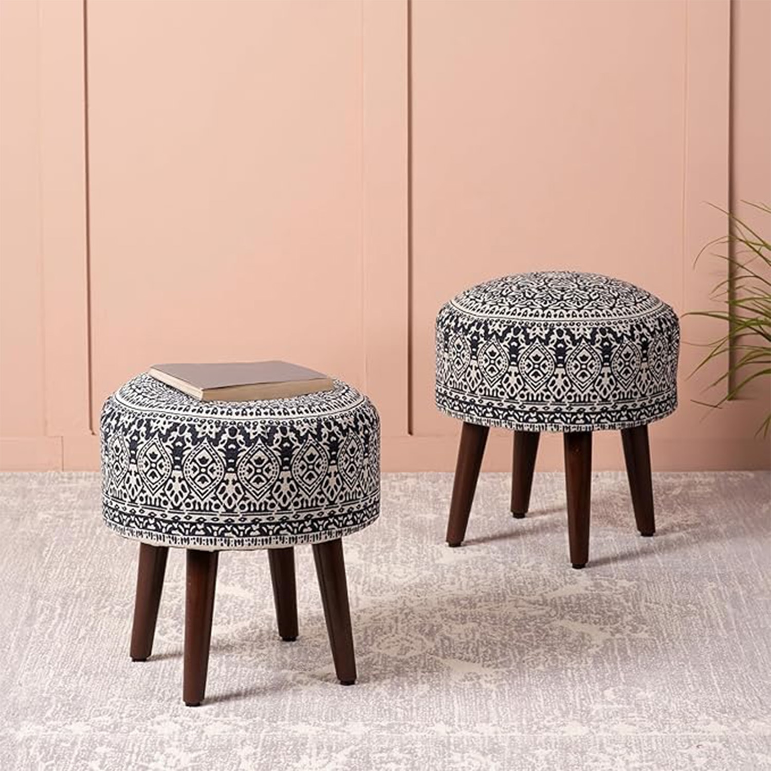 Botanic Fabric Wooden Ottoman in Blue Color Set of 2 - Nestroots