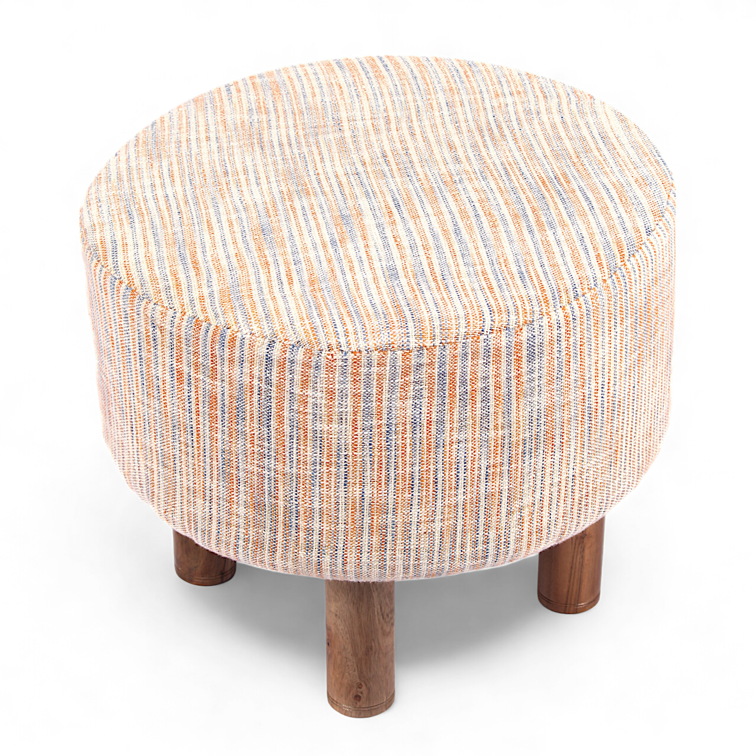 Collio Solid Wood Ottoman Pouffee in Stripe Orange Jackard fabric