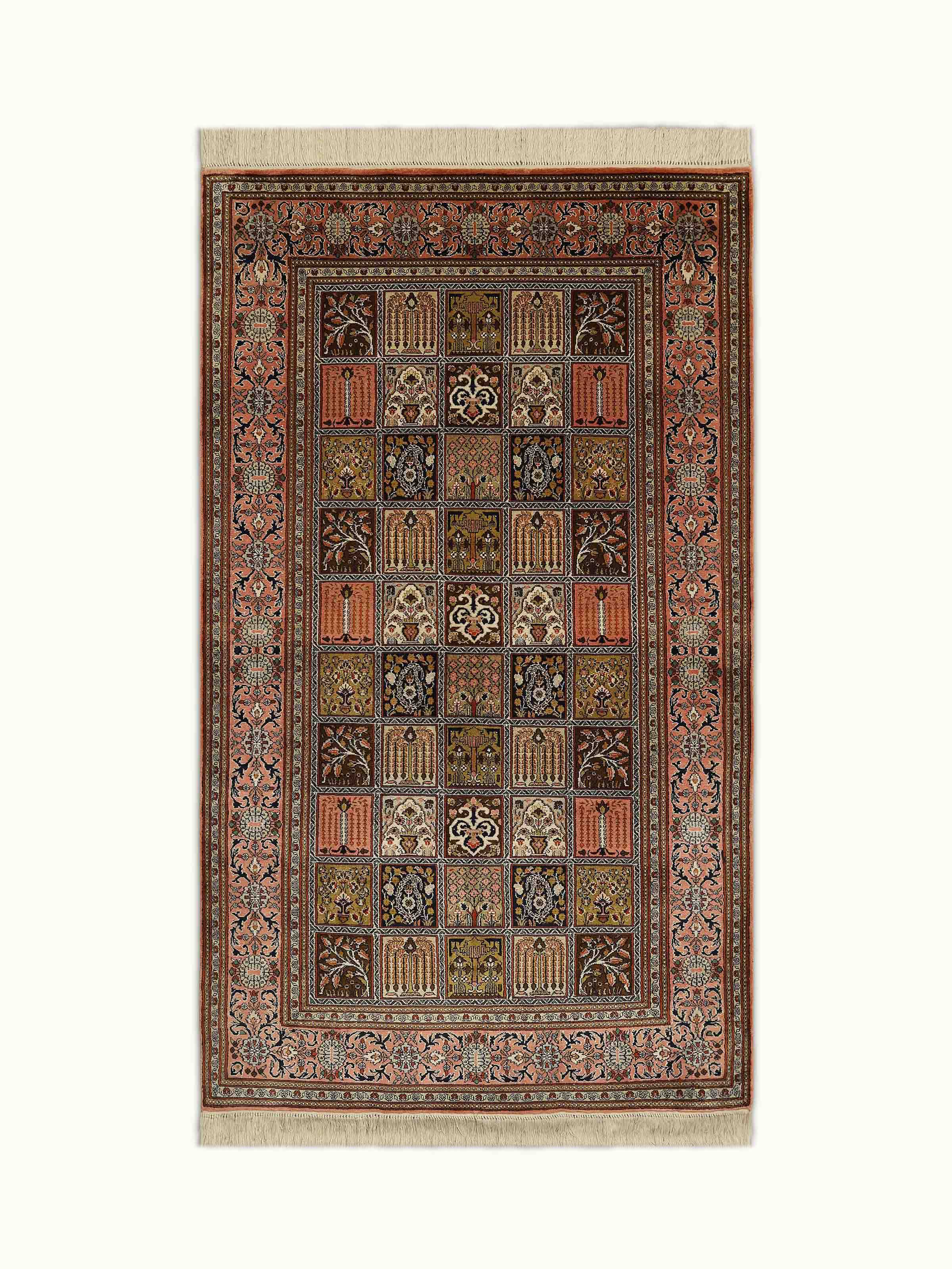 Traditional Persian Rust Dabdar Kashmir Silk Hand-knotted Rug