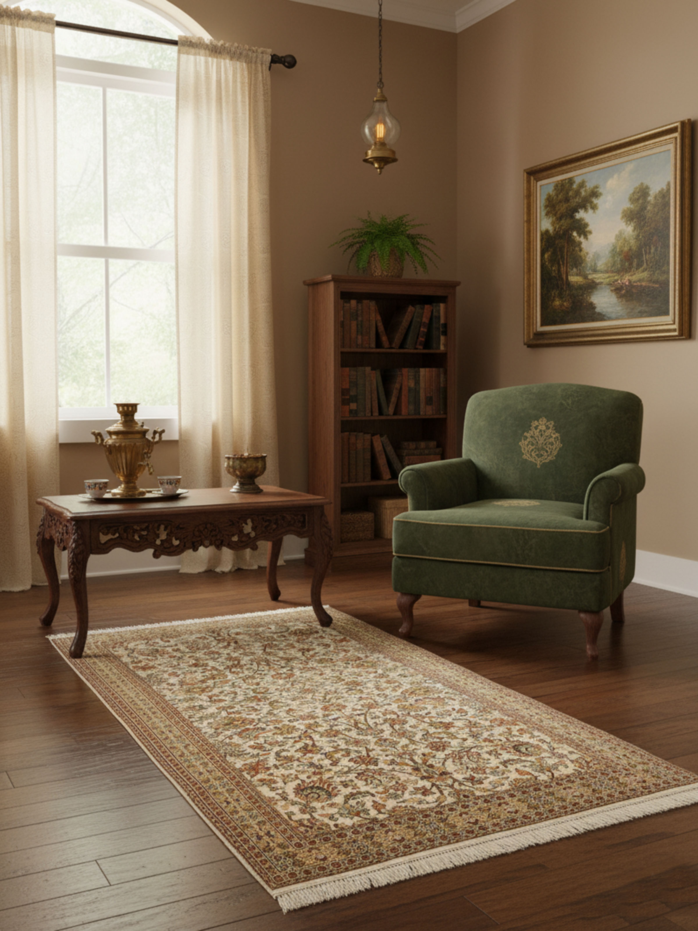 Traditional Persian ivory Tabriz Kashmir silk hand-knotted carpet in living room setting – Swadesh