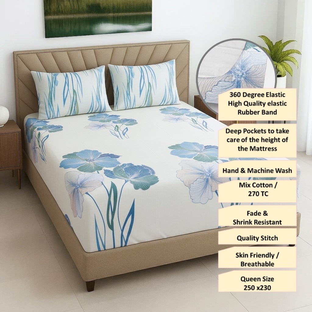 Cream Floral 270 TC Glaze Cotton Fitted Queen Size Bedsheet With 2 Pilllow Covers