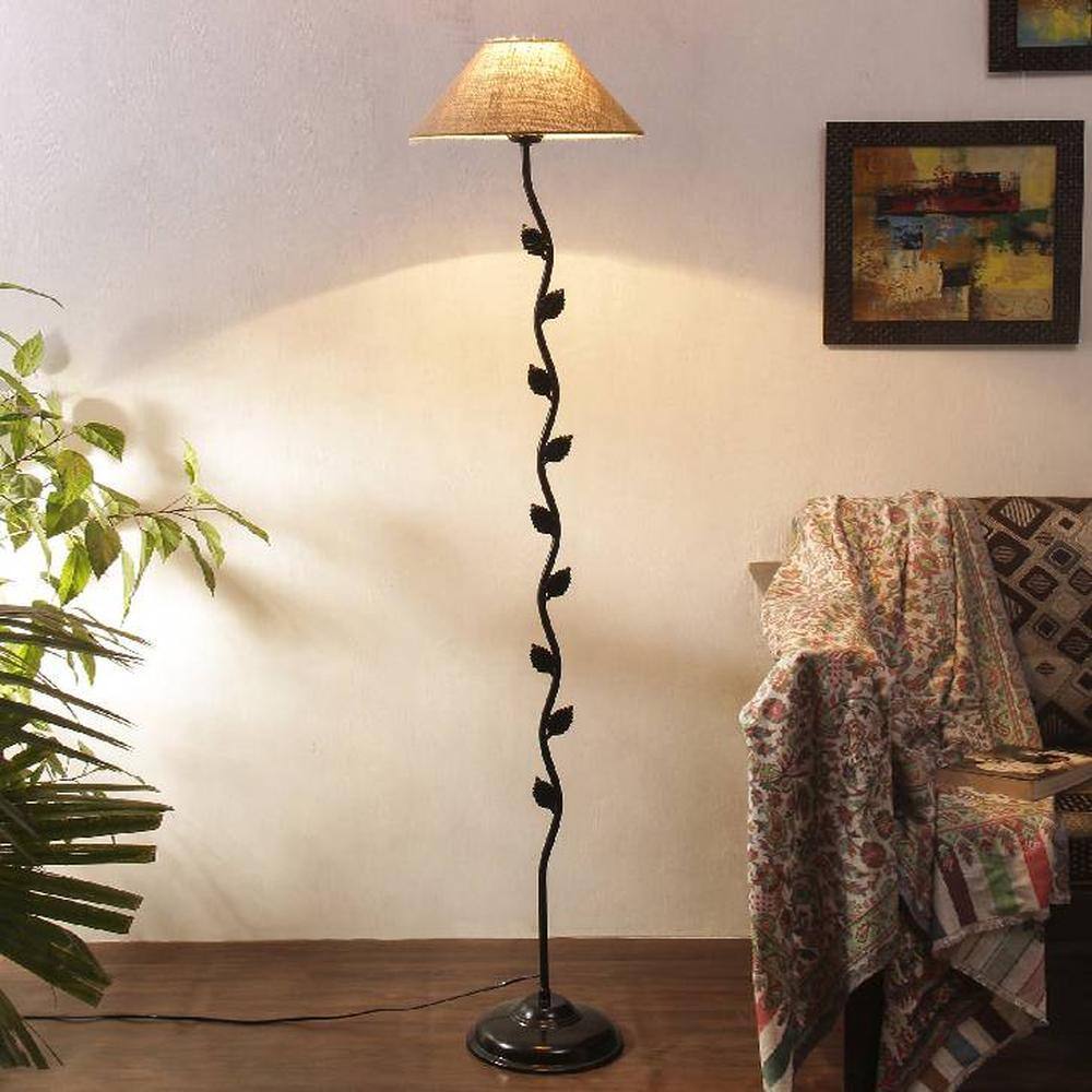 Adalyn Beige Natural Fiber Floor Lamp with Black Iron Base