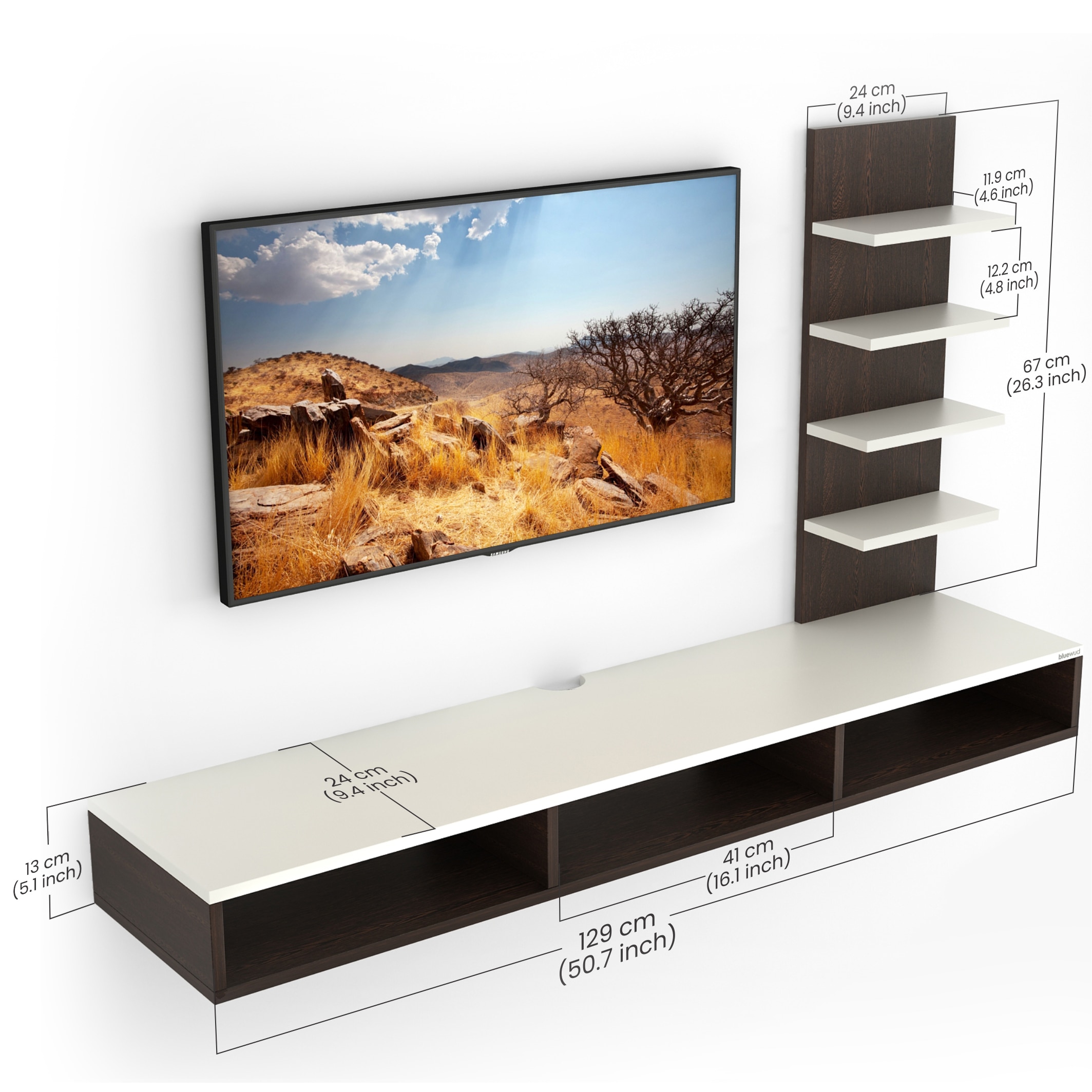 BLUEWUD Primax Standard Engineering Wood Wall Mount TV Entertainment Unit Set Top Box Stand/TV Cabinet Panel with Shelves for Books & D�cor Display Unit, Ideal for 42" (Wenge& White)