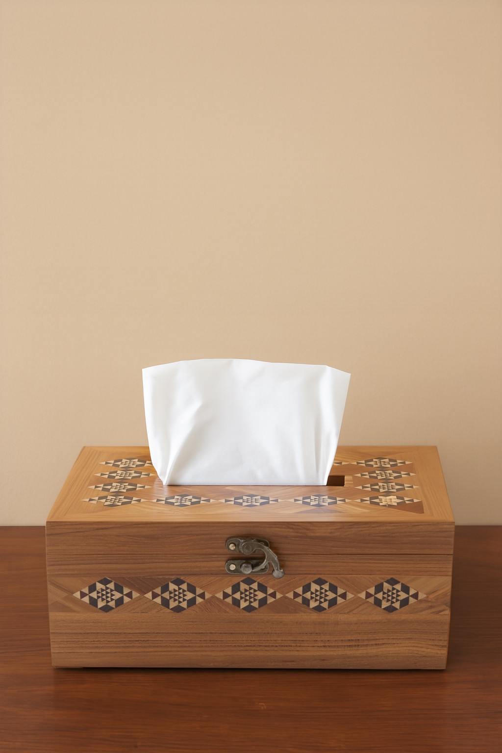 Front view of Marquetry Rosewood Tissue Box Brown Color