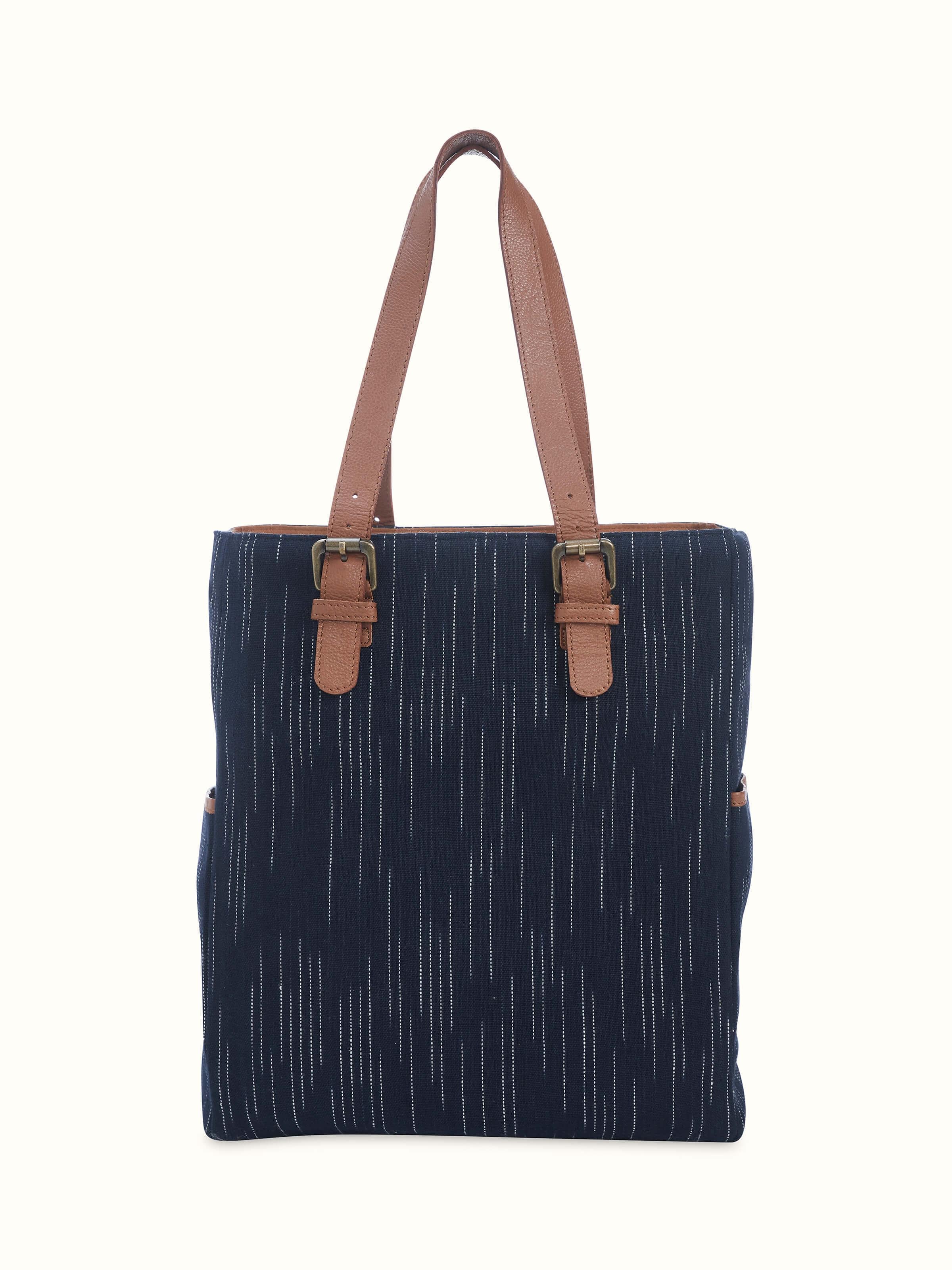 Back view of Grey Leather & Textile Embroidered Tote Bag revealing clean leather surface and handle design.